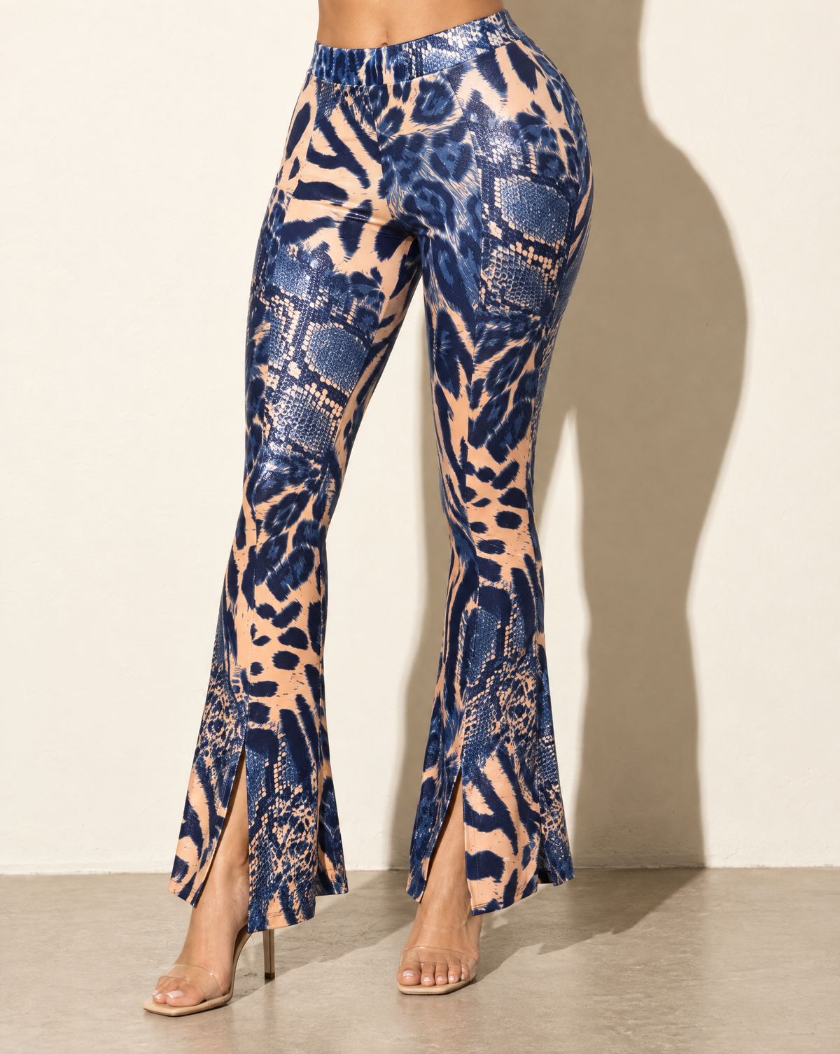 Foiled Animal Printed Slit Hem Flared Pants in PEACH/NAVY — alternate front view