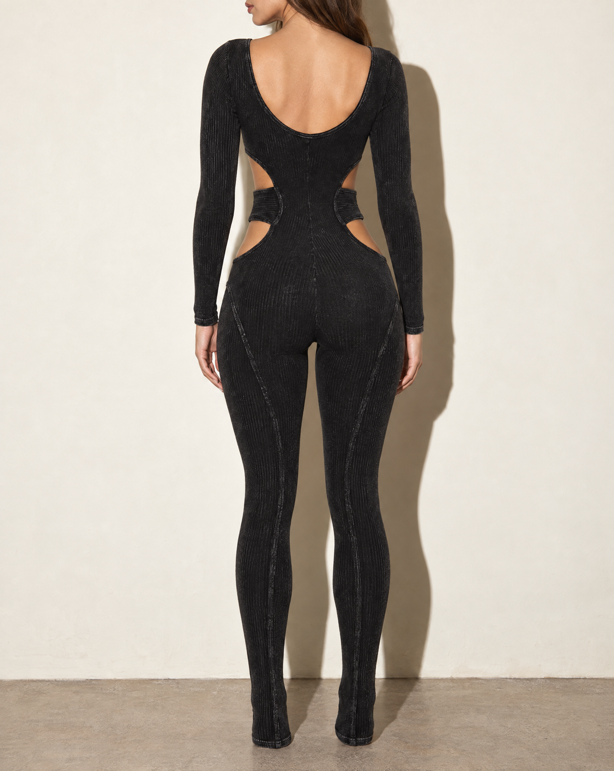 Side Cut Out Mineral Washed Jumpsuit in Charcoal — back view
