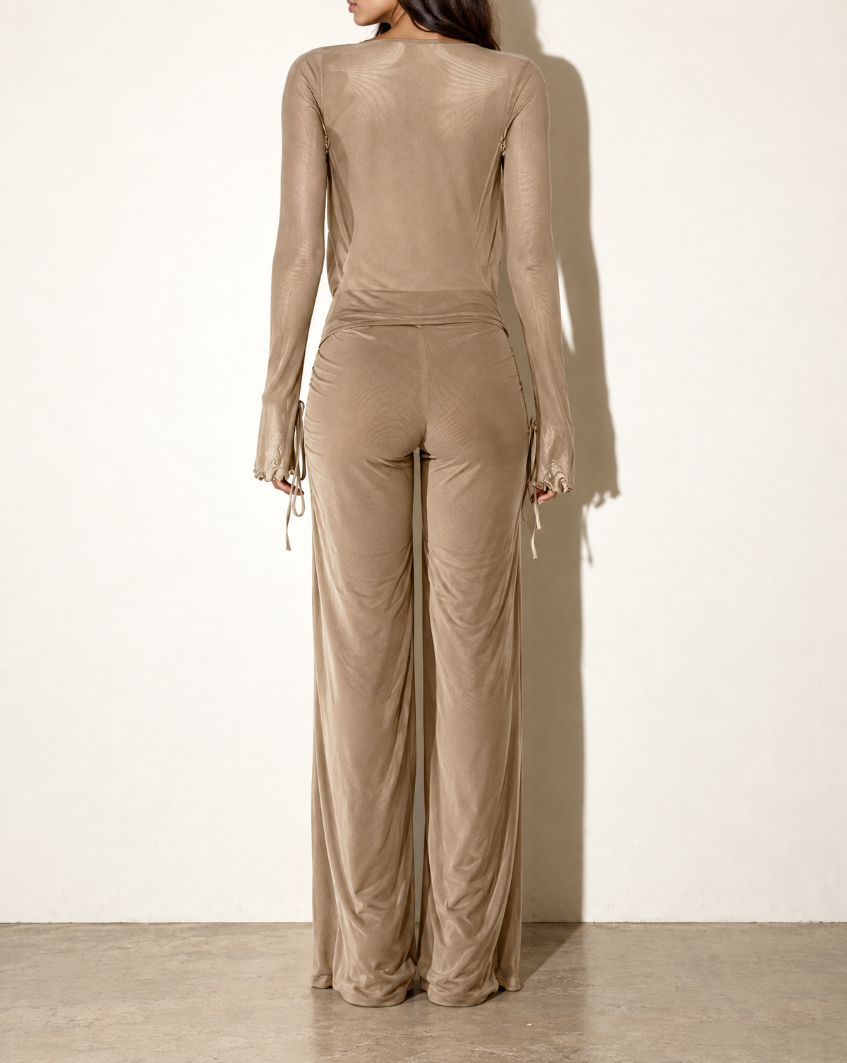 Cowl Neck Long Sleeve Top & Wide Leg Pants Set in NUDE — back view