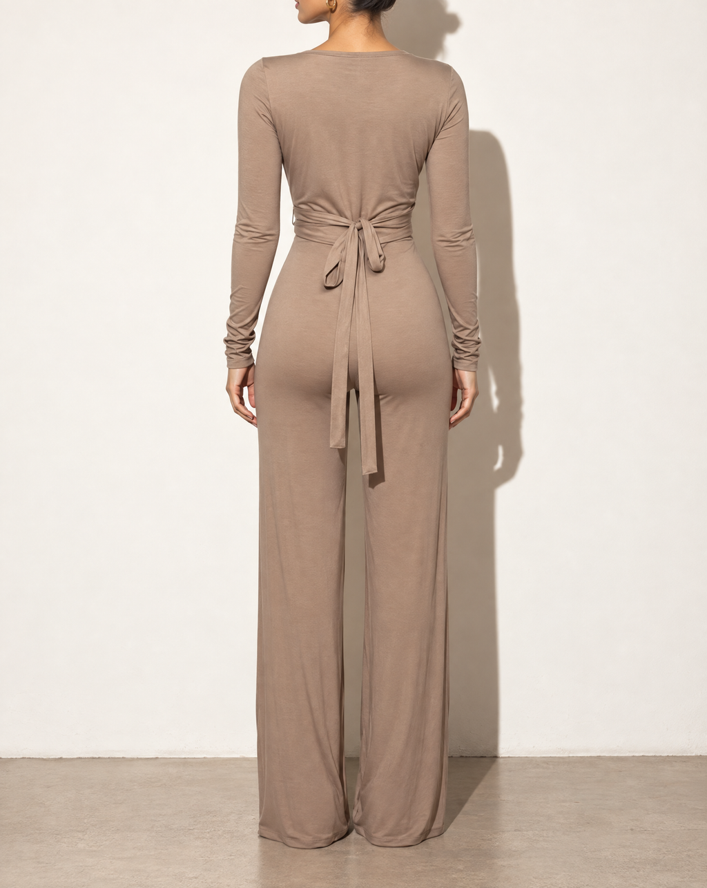 Wide Leg Jumpsuit & Long Sleeve Top Set in DK MOCHA — back view