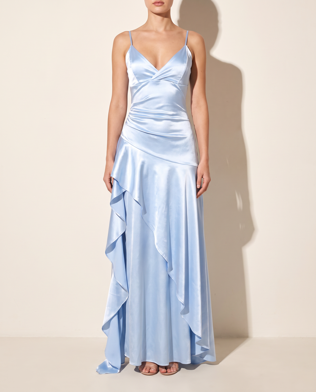 Ruffleddress Satin Maxi in BABY BLUE — front view