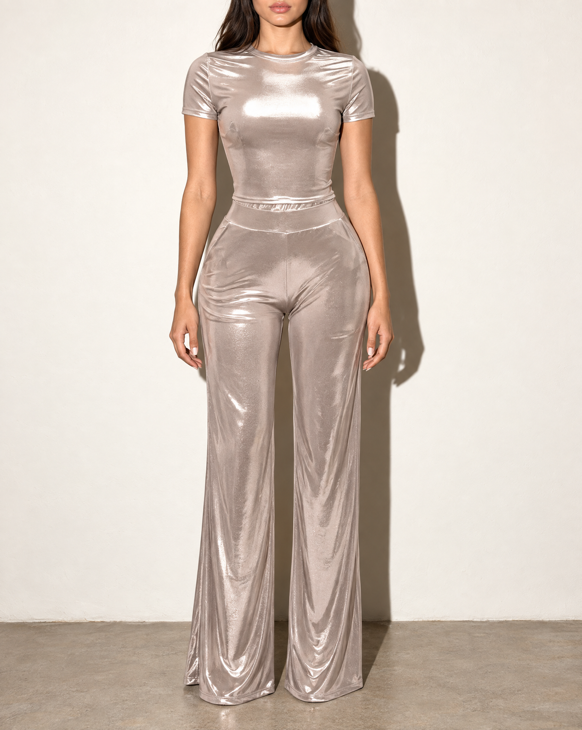 Crop Top & Wide Leg Pants in Blush — front view