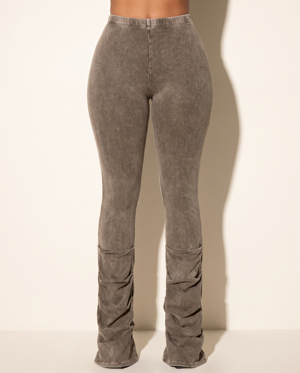 Mineral Washed Ruching Hem Detailed Pants in Brown — front view
