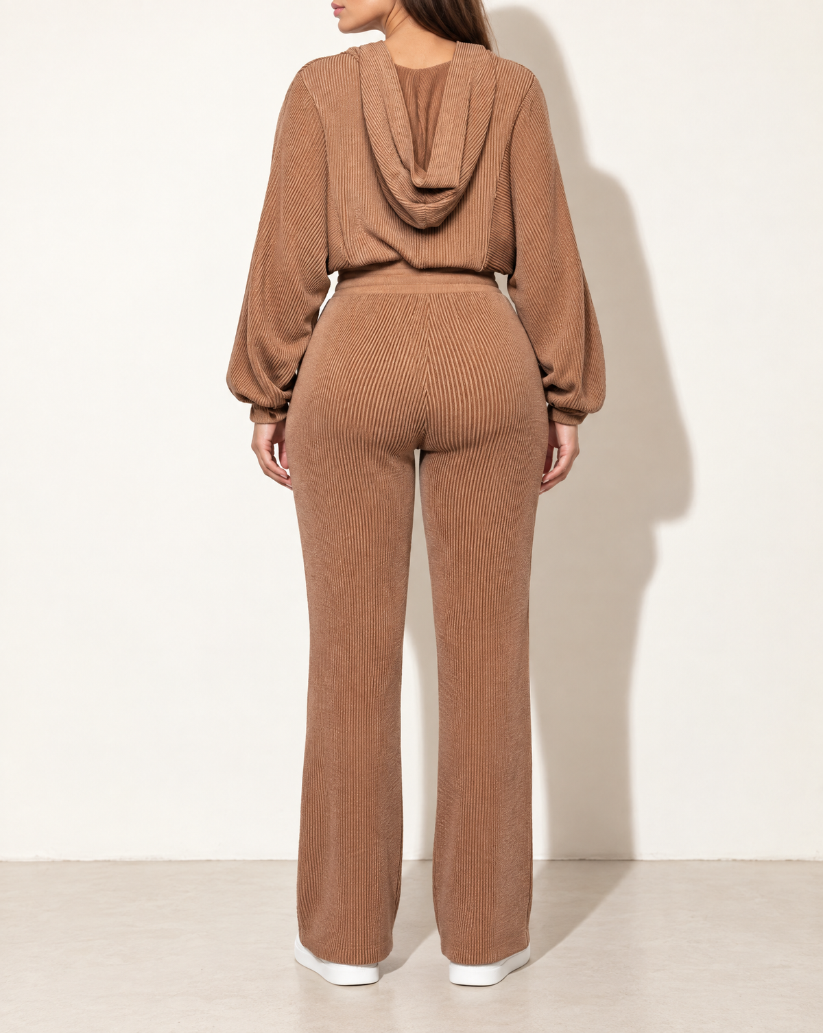 Zipper Closure Hoodie Jacket & Pants Set in CHESTNUT — back view