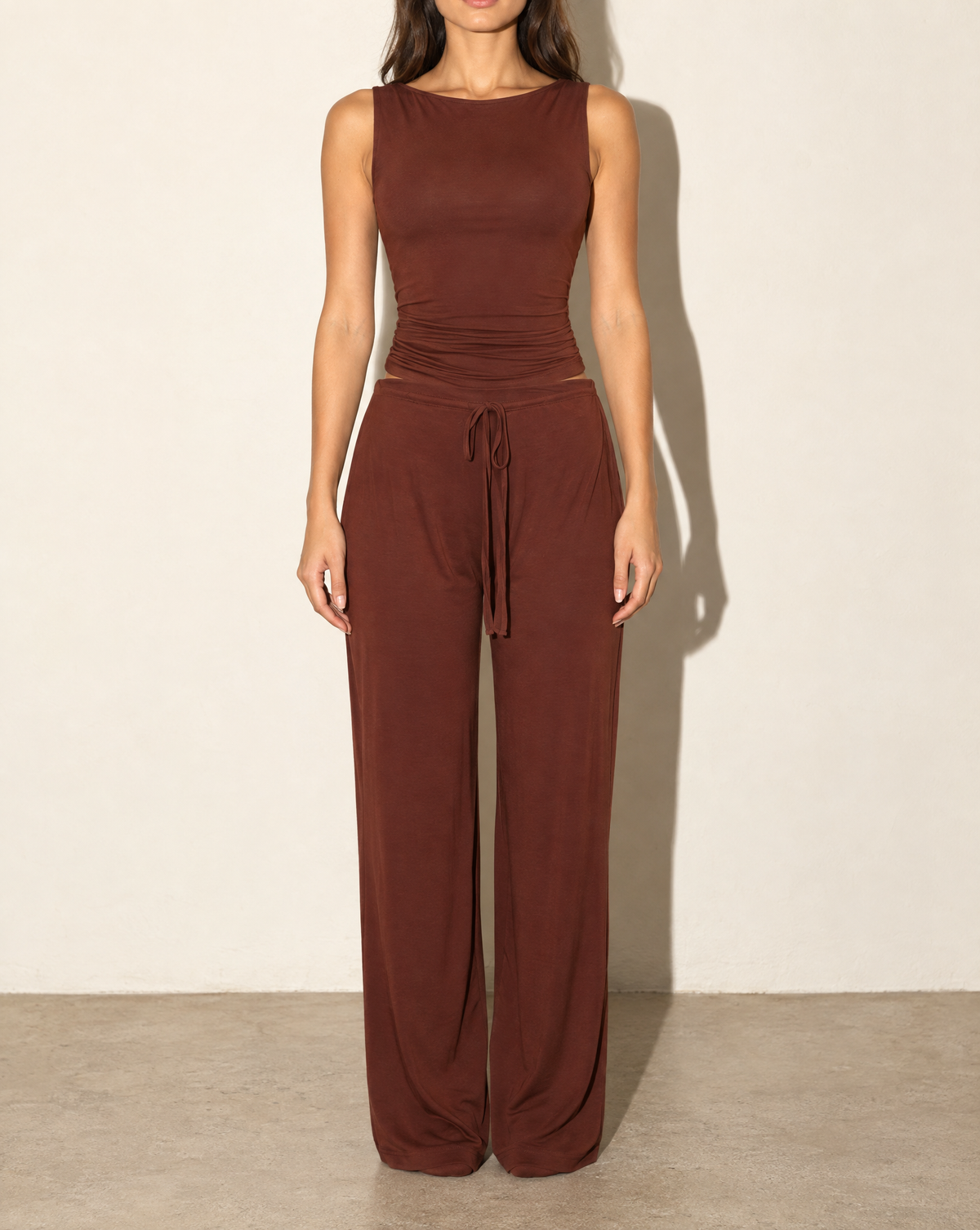 Sleeveless Top & Loose Fit Pants Set in Chocolate — front view