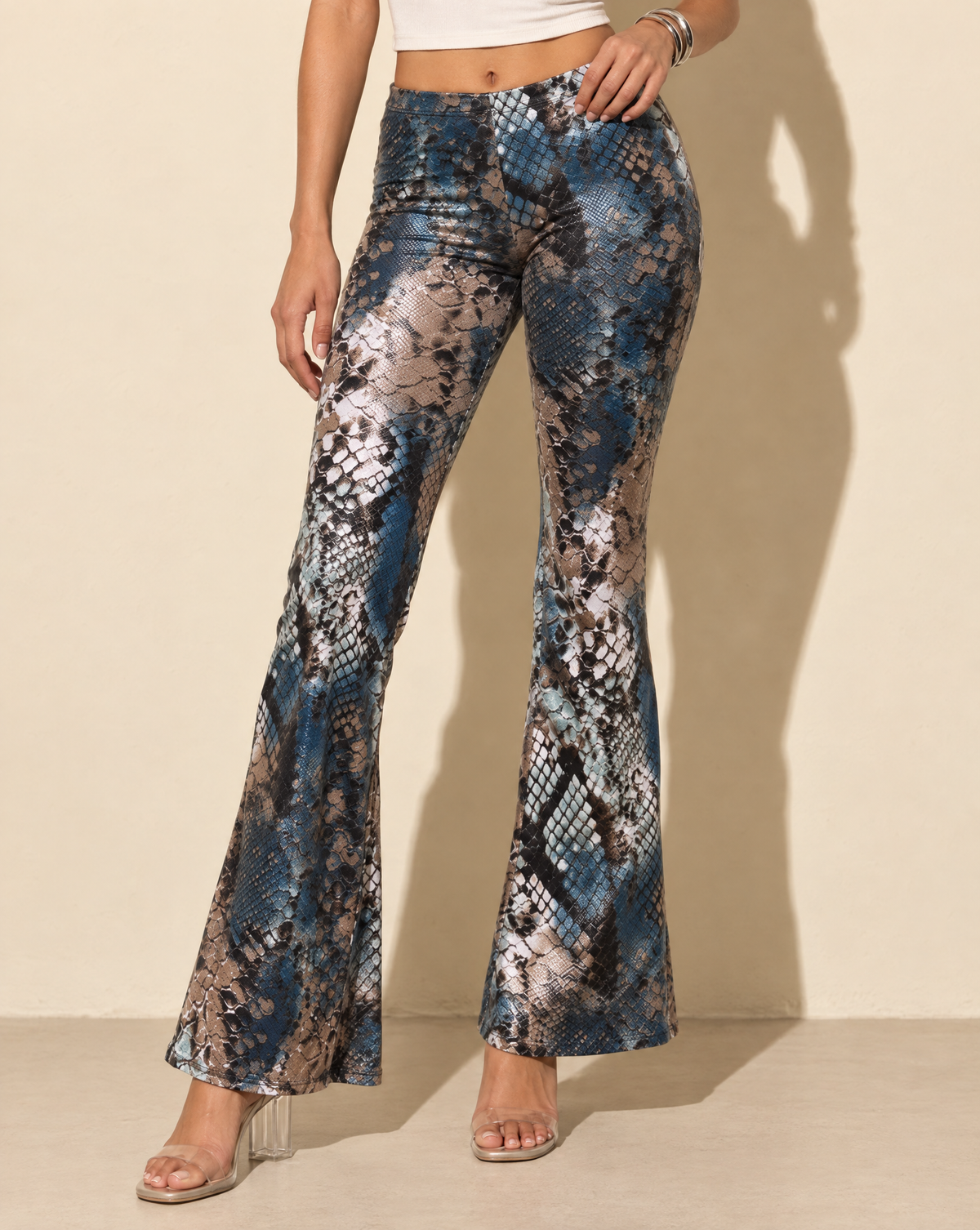 Foiled Animal Printed Slightly Flare Pants in TAUPE/TEAL — alternate front view