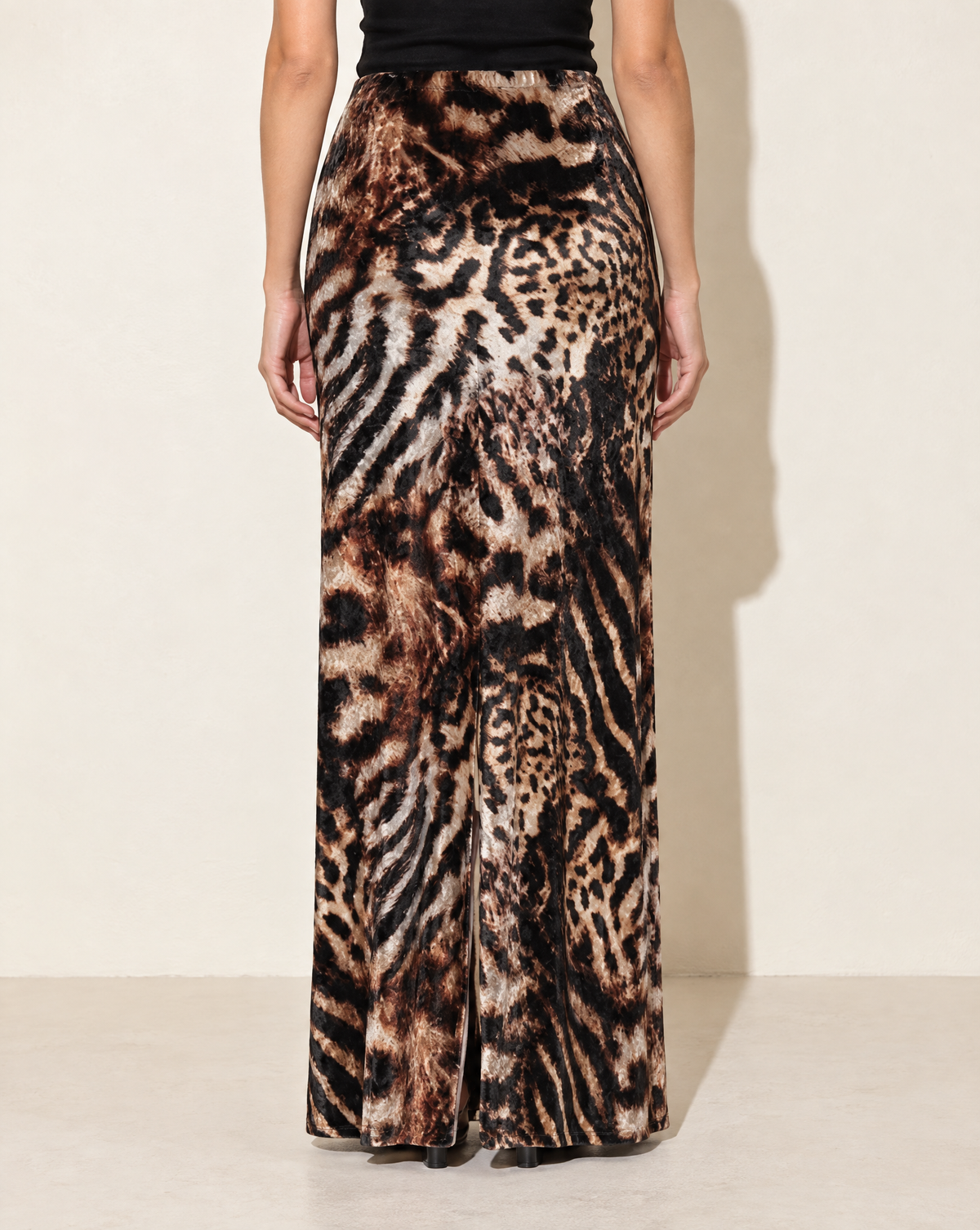 Printed Velvet Maxi Skirt in BROWN MULTI — back view