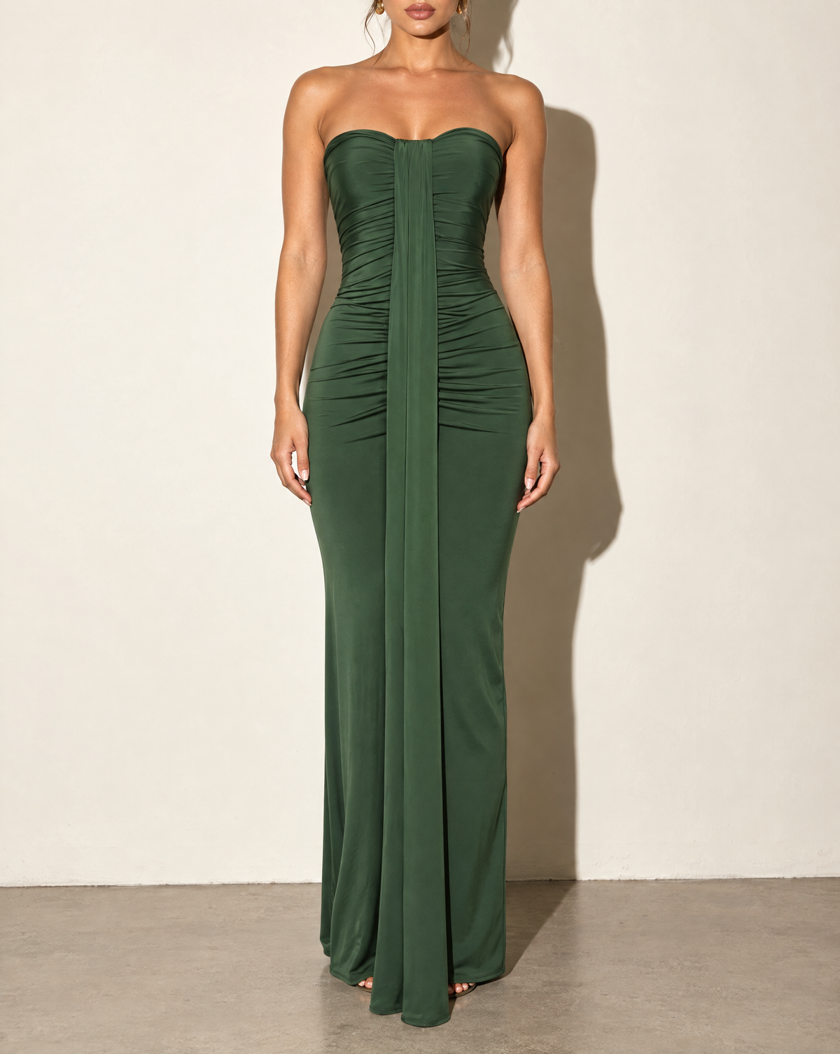 Drape Down Detailed Tube Maxi Dress in Olive — front view