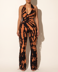 Tie Dye Fringed Halter Jumpsuit in BLACK/RUST — front view