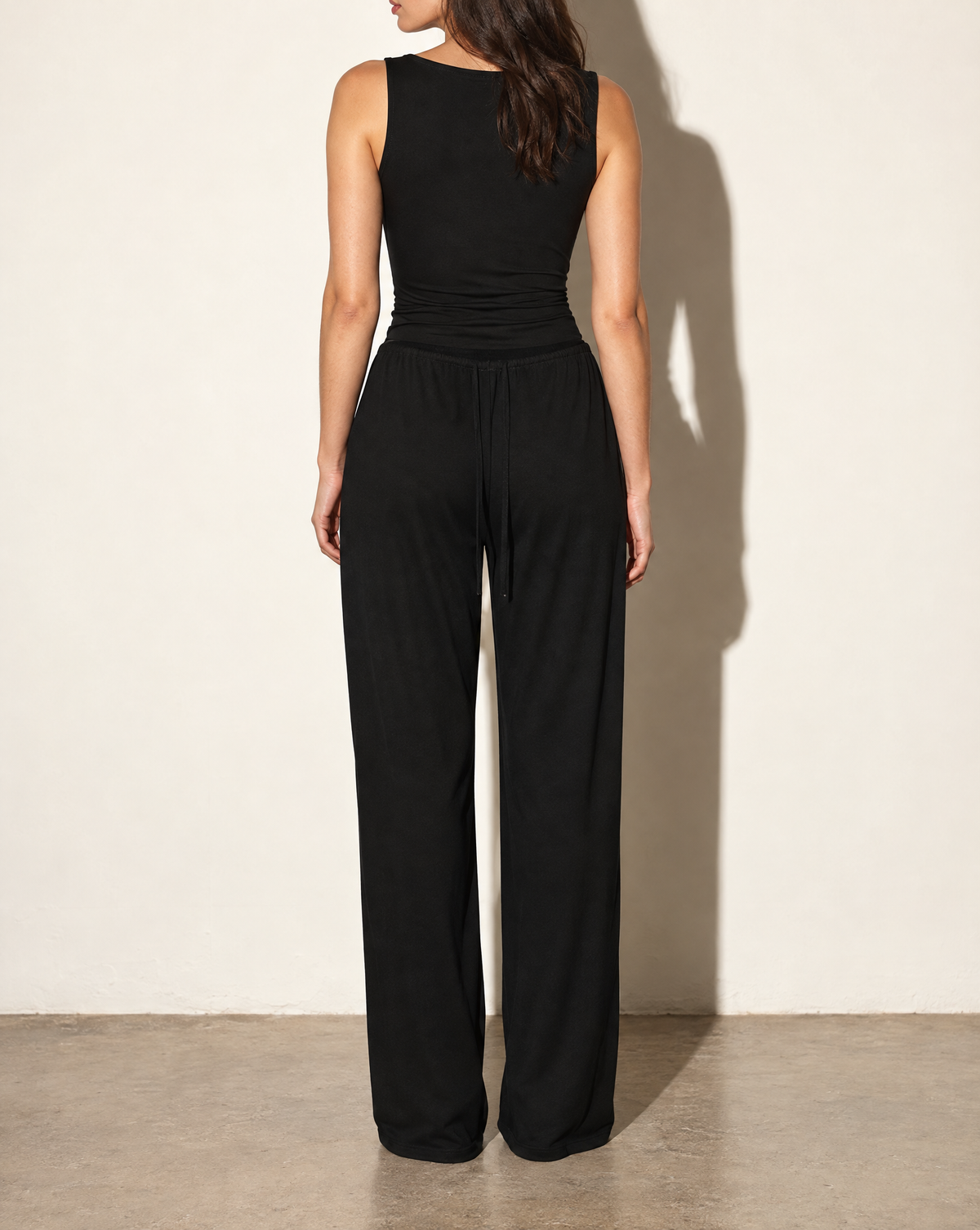 Sleeveless Top & Loose Fit Pants Set in Black — back view