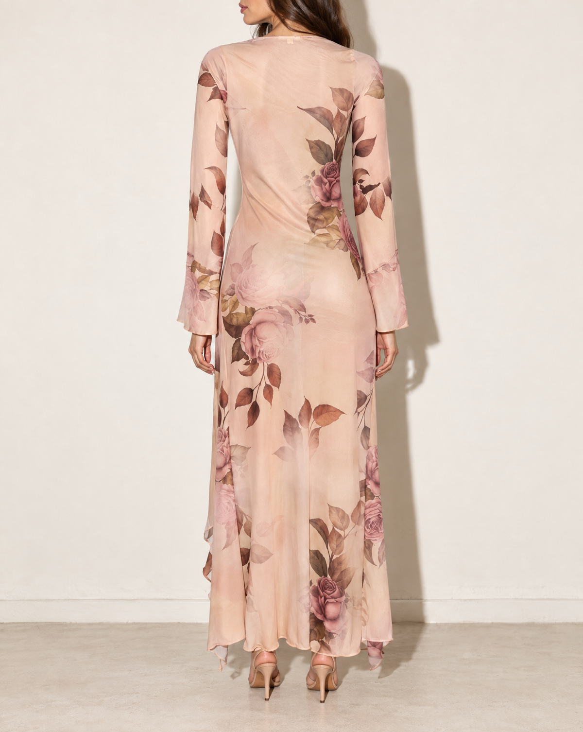 Floral Ruffle Long Top in NUDE COMBO — back view