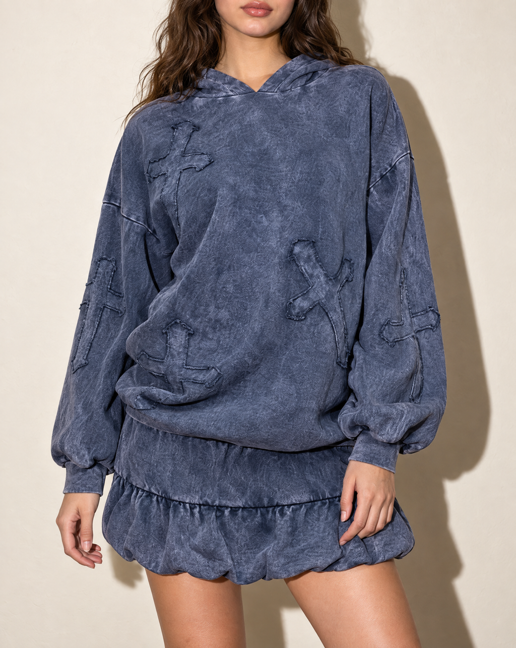 Holy Cross Hoodie & Blessed Bubble Skirt Set in Navy — alternate front view