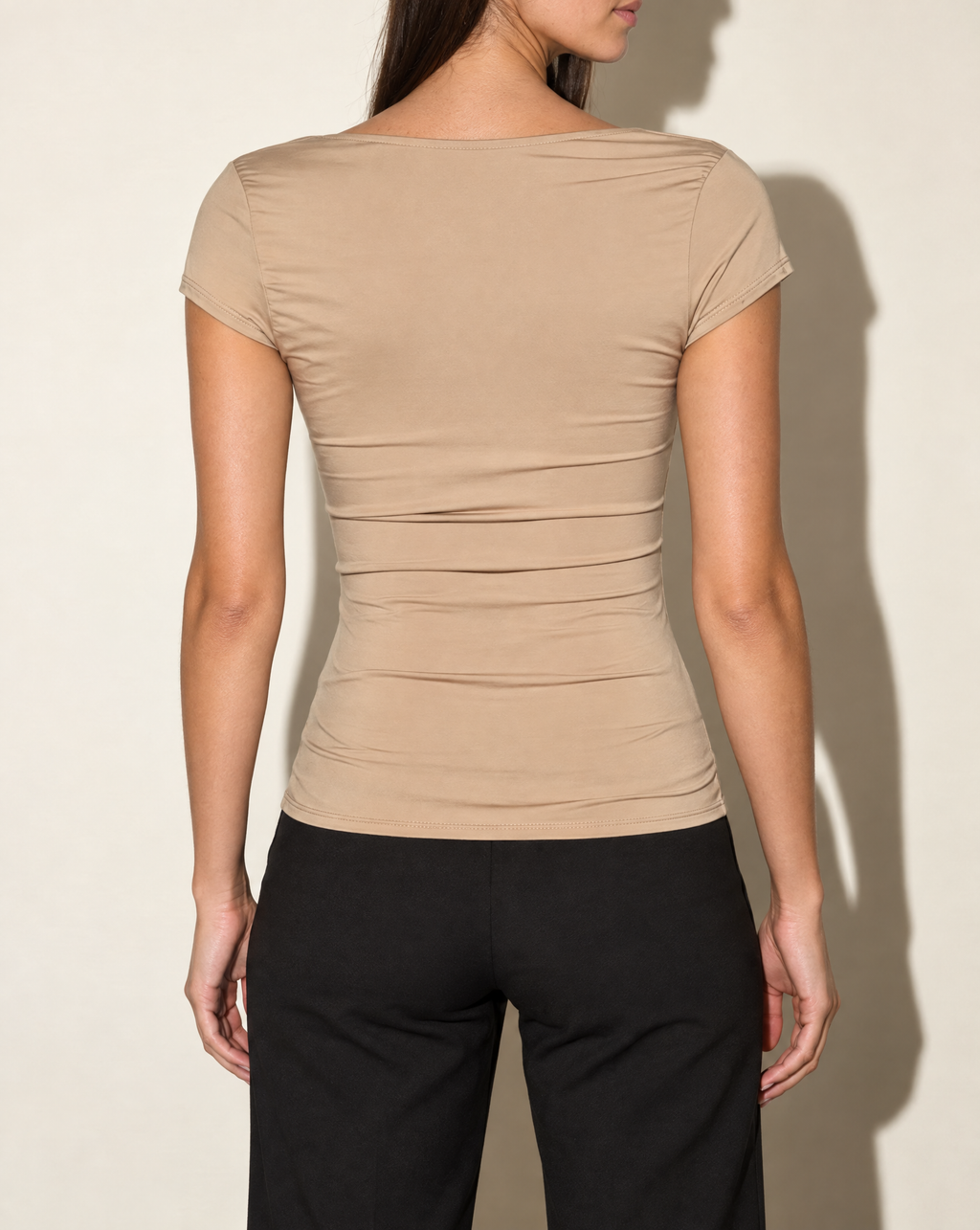 Cap Sleeve V Neck Top in Mocha — back view