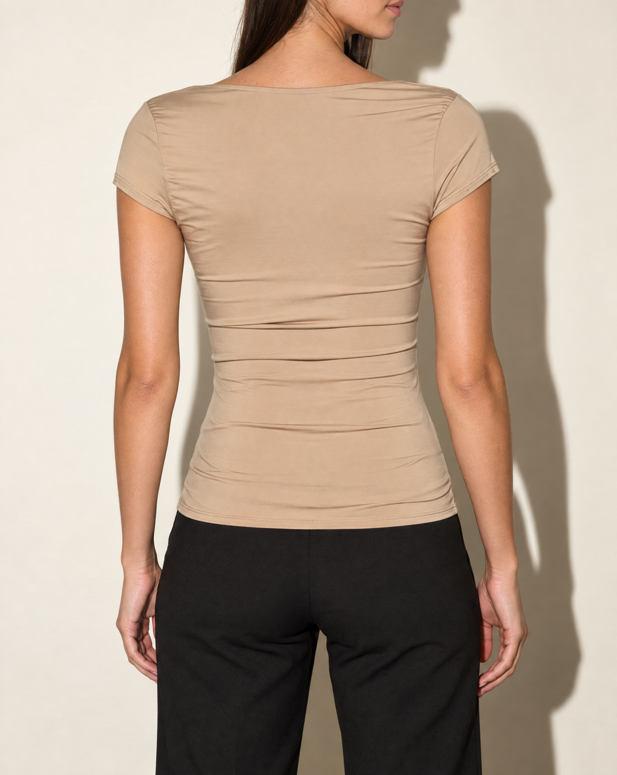 Cap Sleeve V Neck Top in Mocha — back view