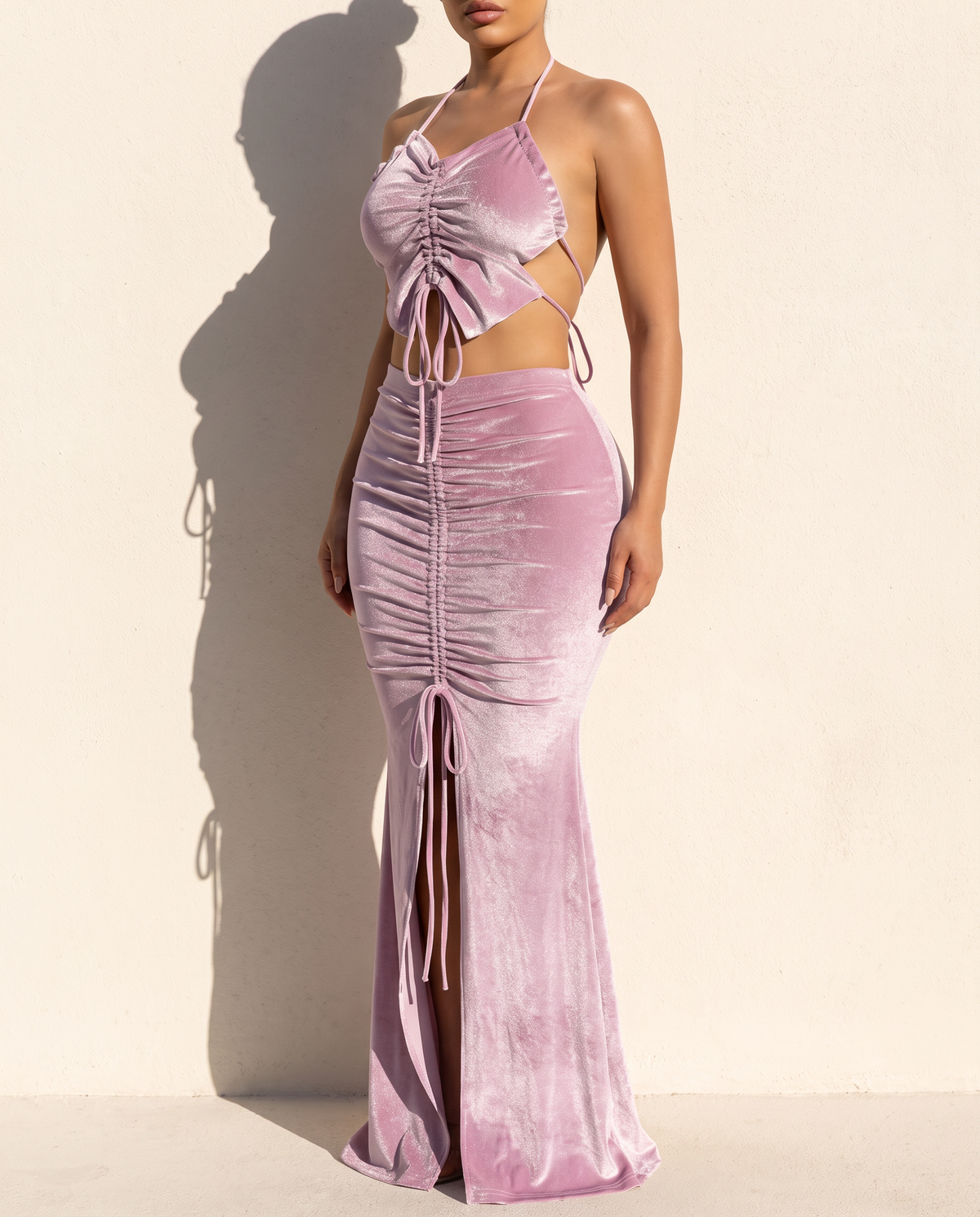 Rulex Velvet Maxi Skirt Set in DUSTY PINK — alternate front view