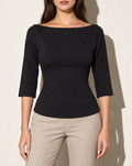 Boat Neck Three-Quarter Sleeve Top in Black — front view
