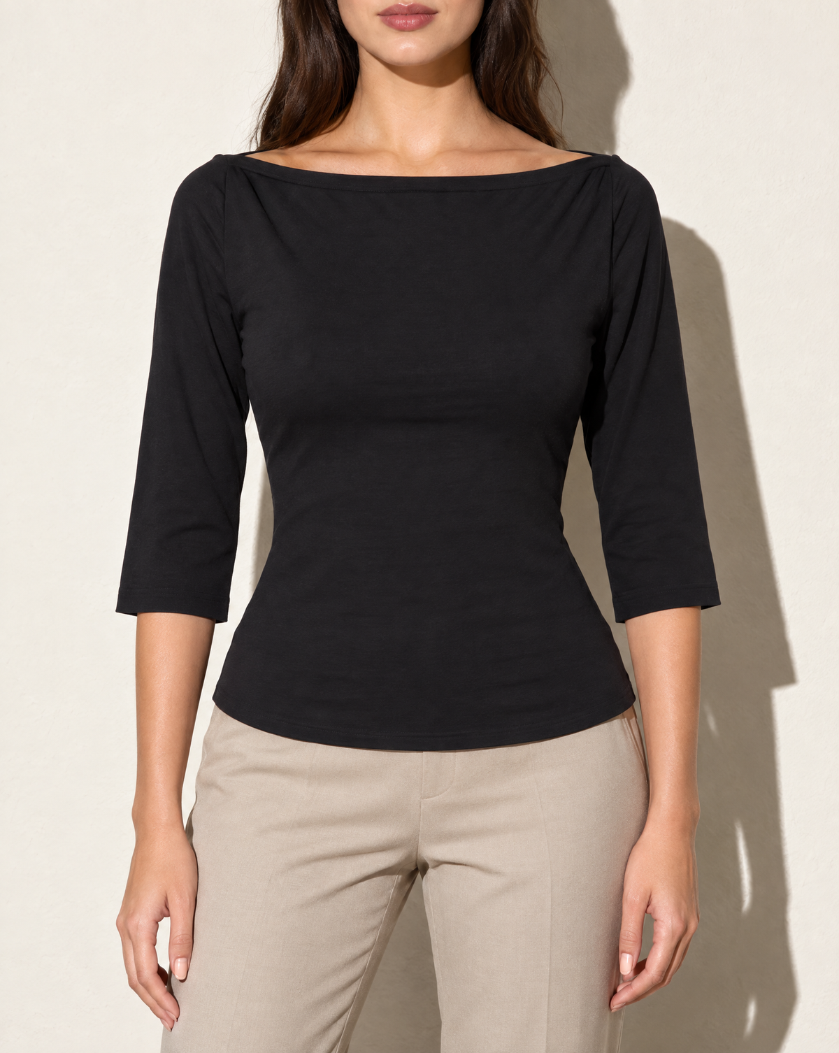 Boat Neck Three-Quarter Sleeve Top in Black — front view