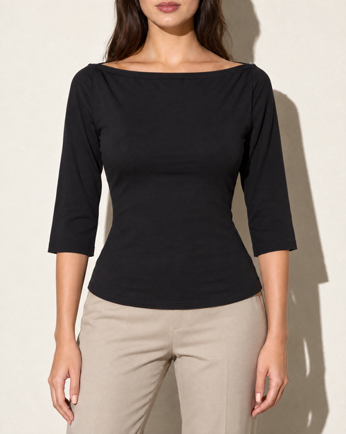 Boat Neck Three-Quarter Sleeve Top in Black — front view