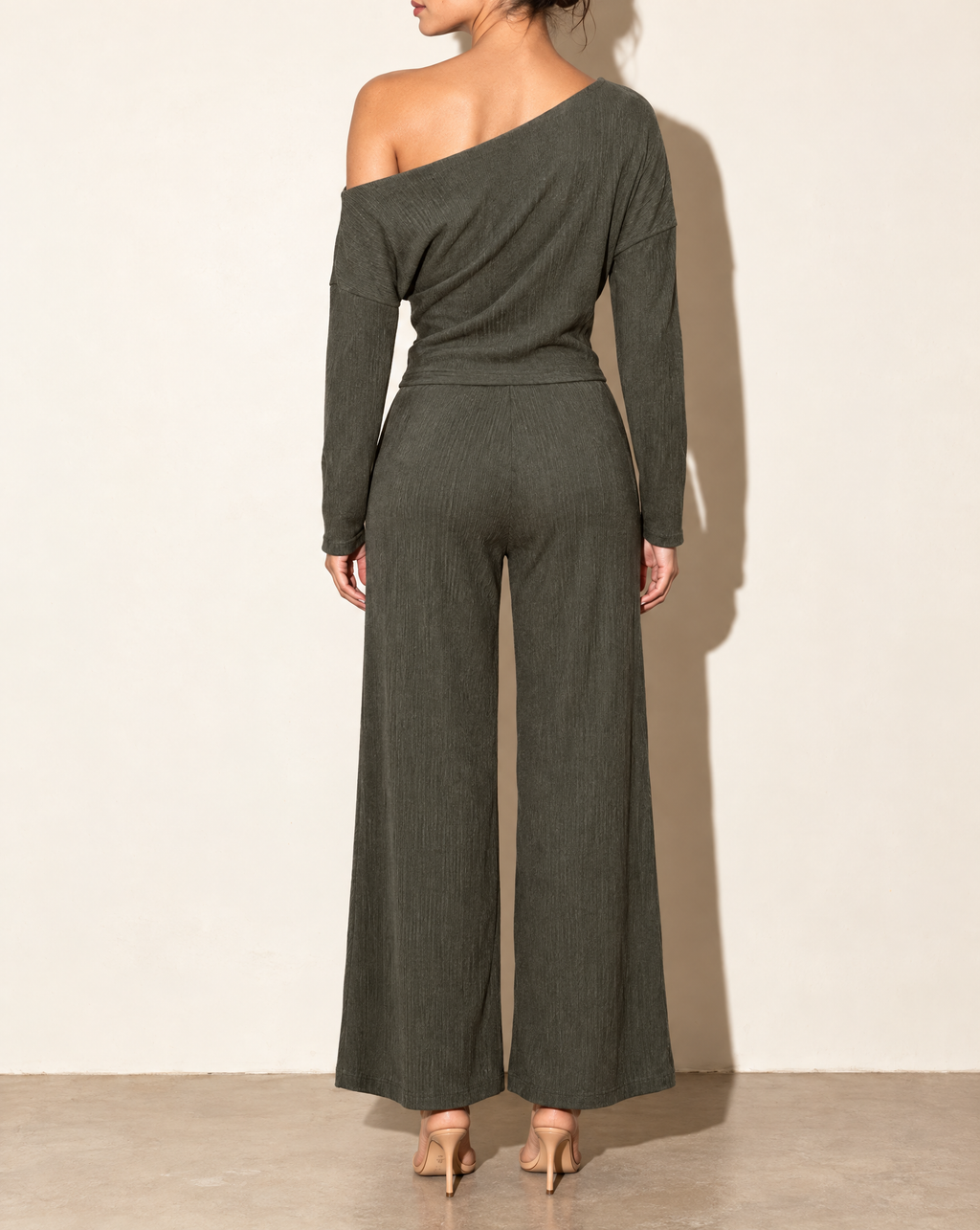 Off Shoulder Long Sleeve Top & Pants Set in Olive — back view