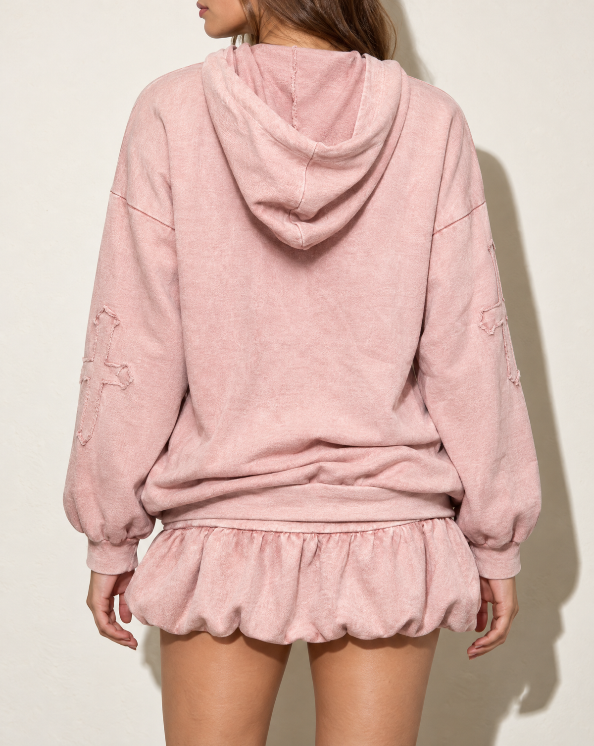 Holy Cross Hoodie & Blessed Bubble Skirt Set in Mauve — back view