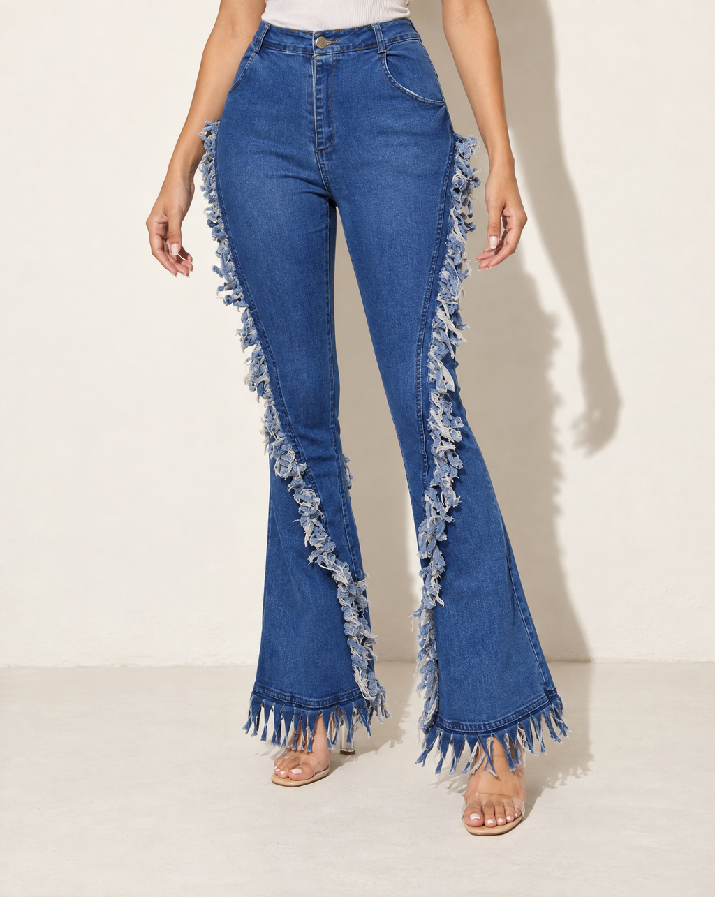 Distressed Fringe Denim Flared Pant in LT BLUE — alternate front view