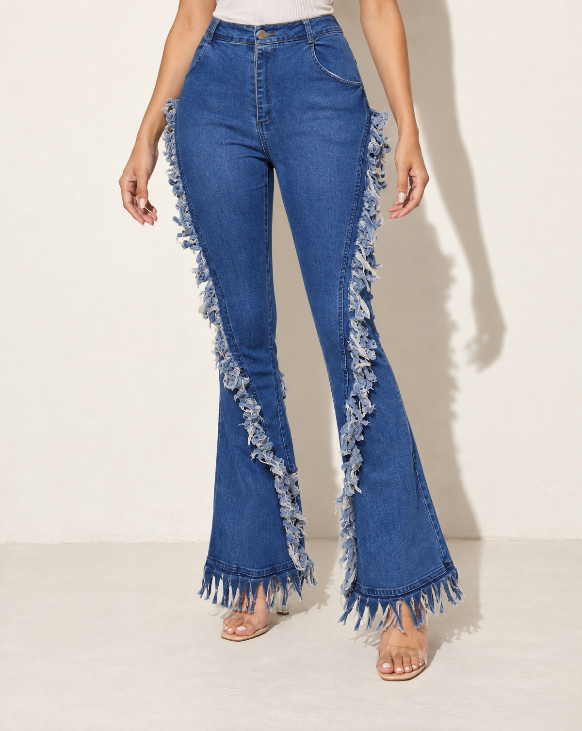 Distressed Fringe Denim Flared Pant in LT BLUE — alternate front view