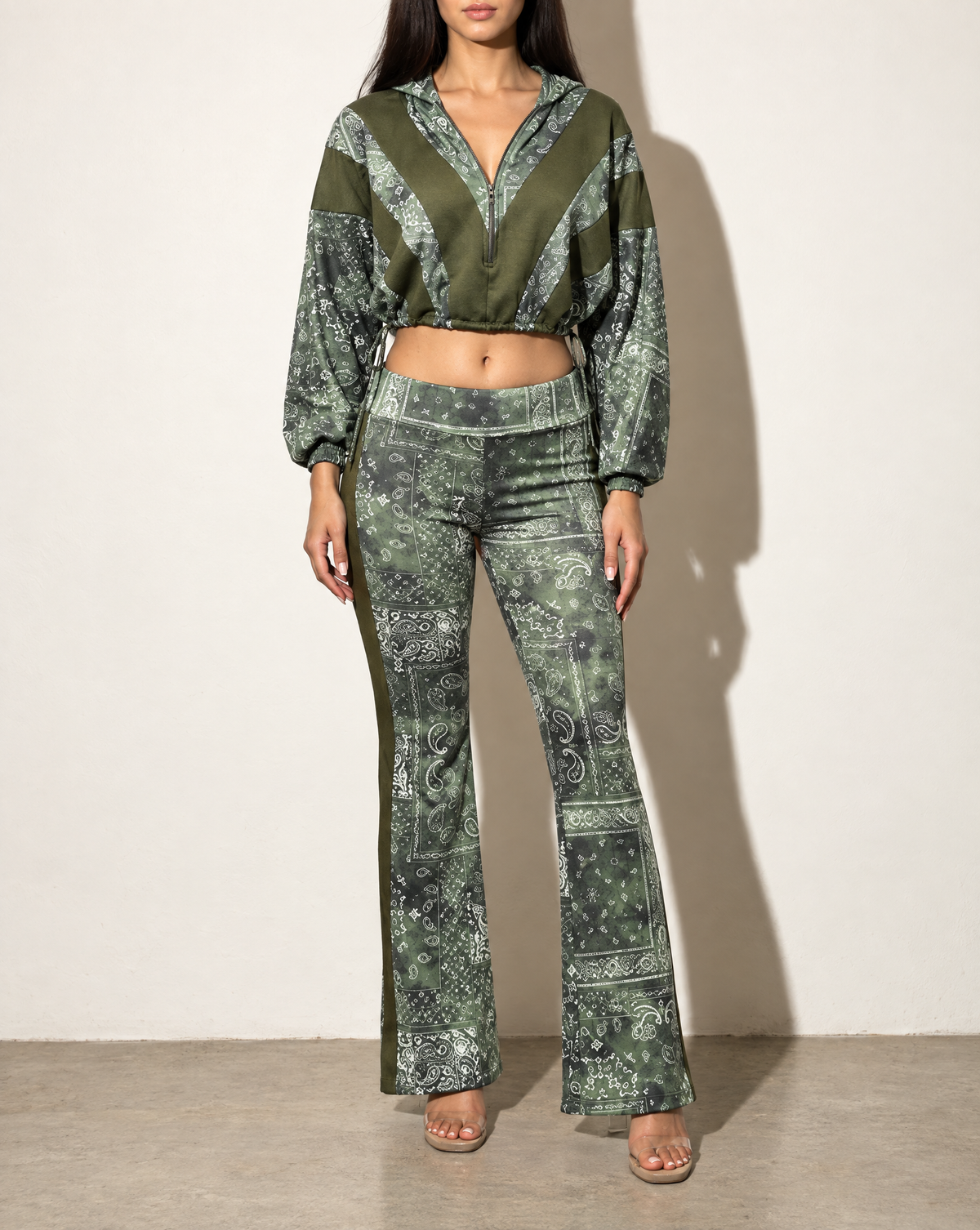 Batwing Hooded Top & Pants Set in OLIVE COMBO — front view