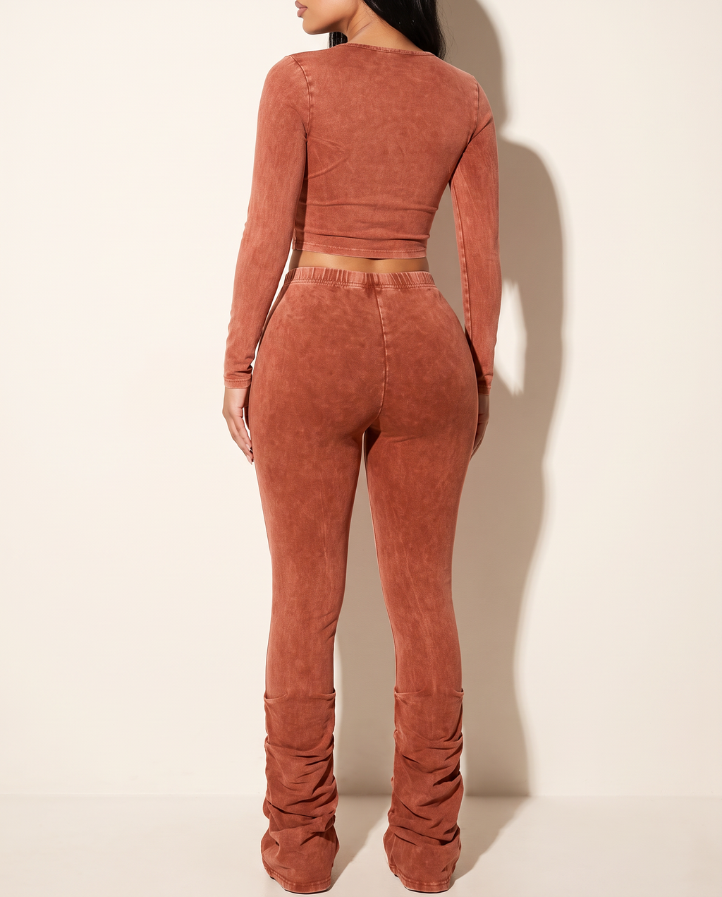 Mineral Washed Top & Ruched Hem Detailed Pants in Rust — back view