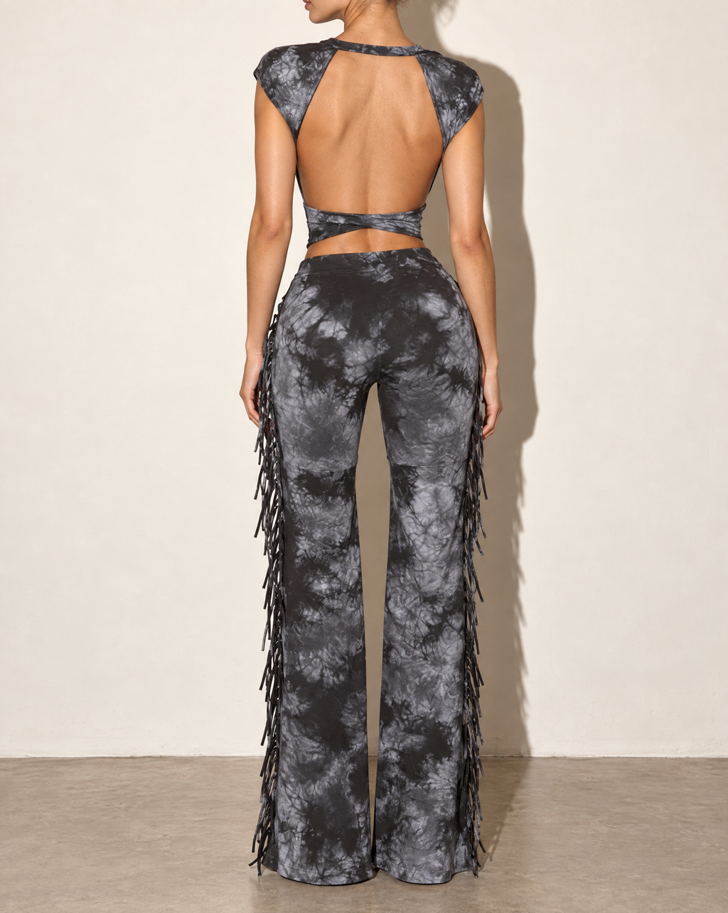 Elevated Marble Mineral Washed Fringe Pants Set in Charcoal — back view