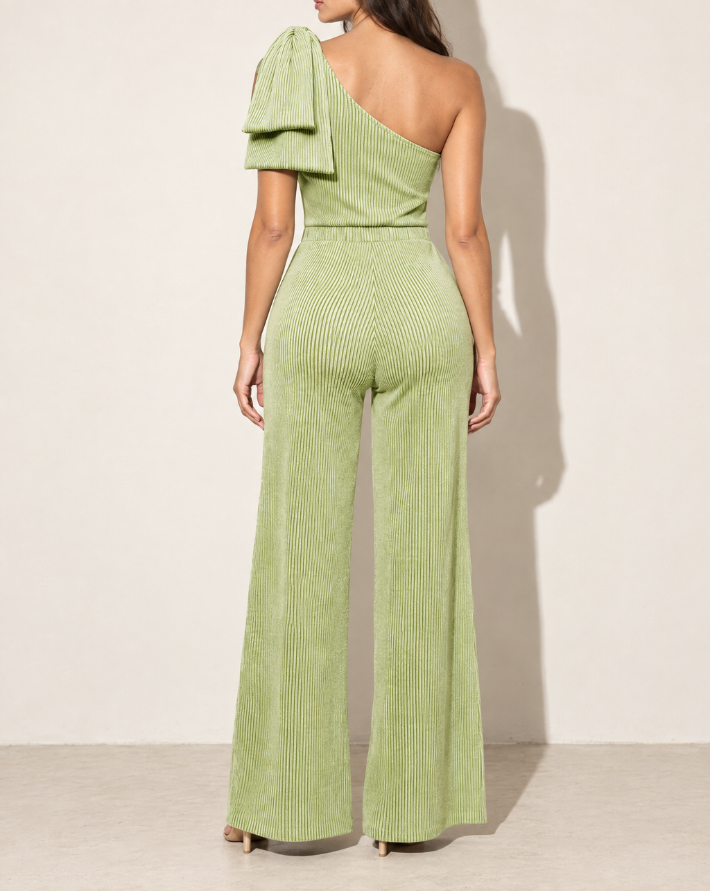 One Shoulder Bow Detailed Wide Leg Jumpsuit in CELERY — back view