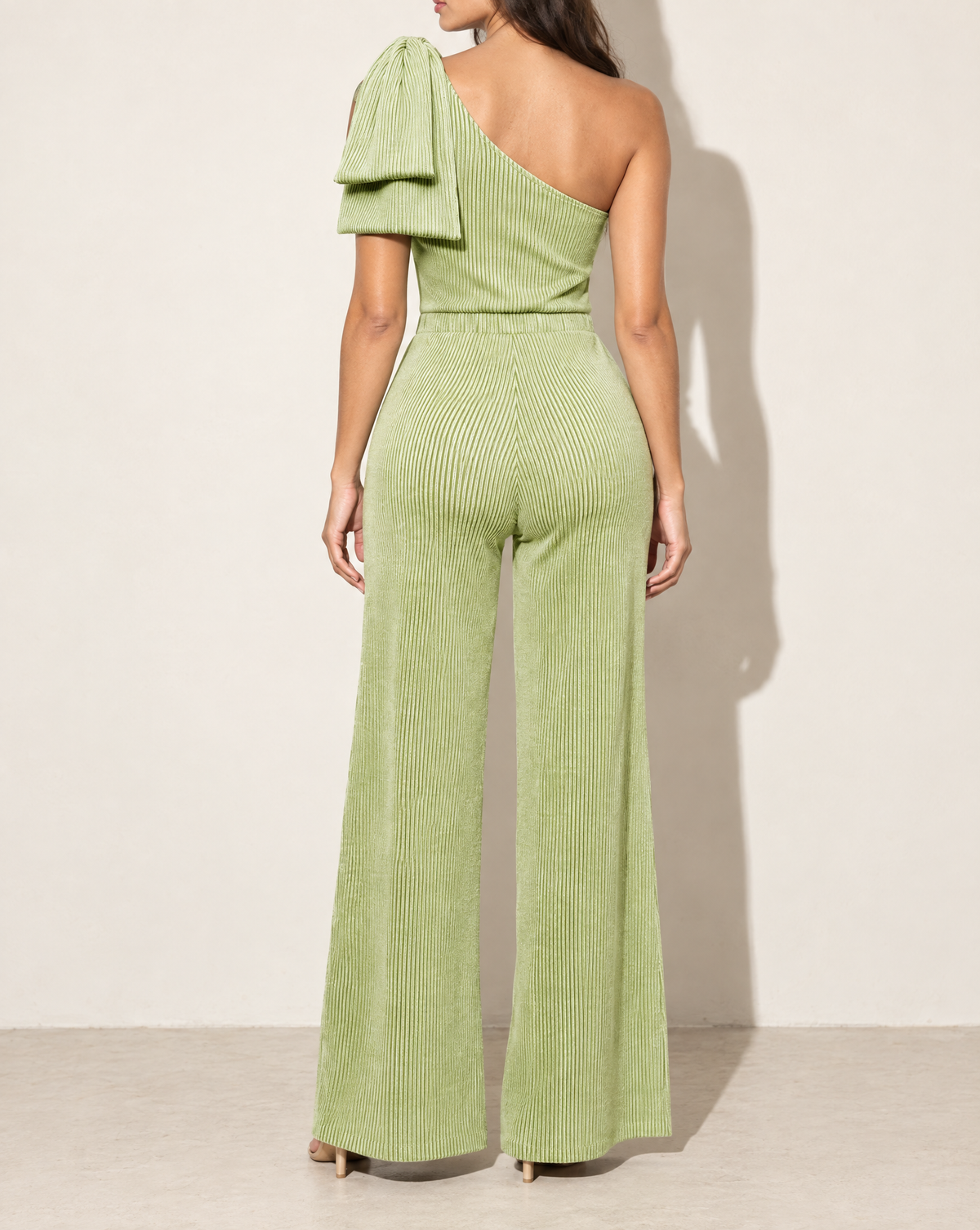 One Shoulder Bow Detailed Wide Leg Jumpsuit in CELERY — back view