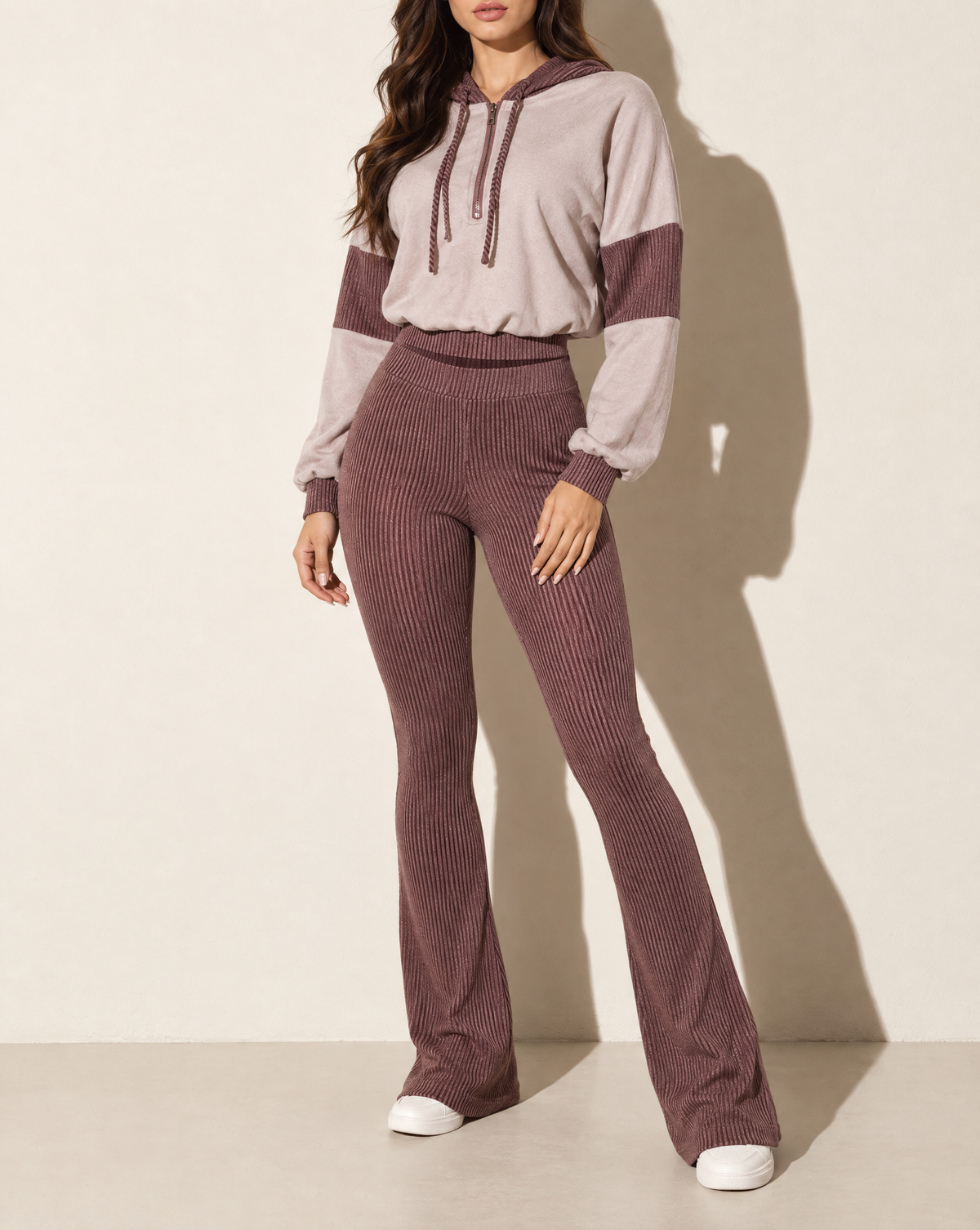 Color Block Hoodie & Flare Pants Set in BROWN COMBO — alternate front view