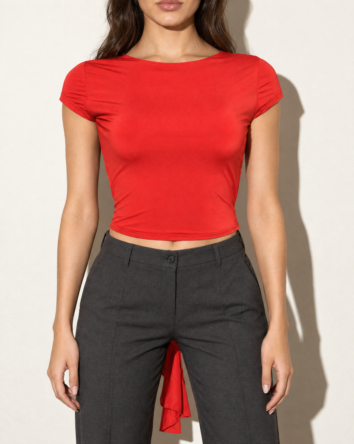 Open & Tied Back Cap Sleeve Top in Red — front view