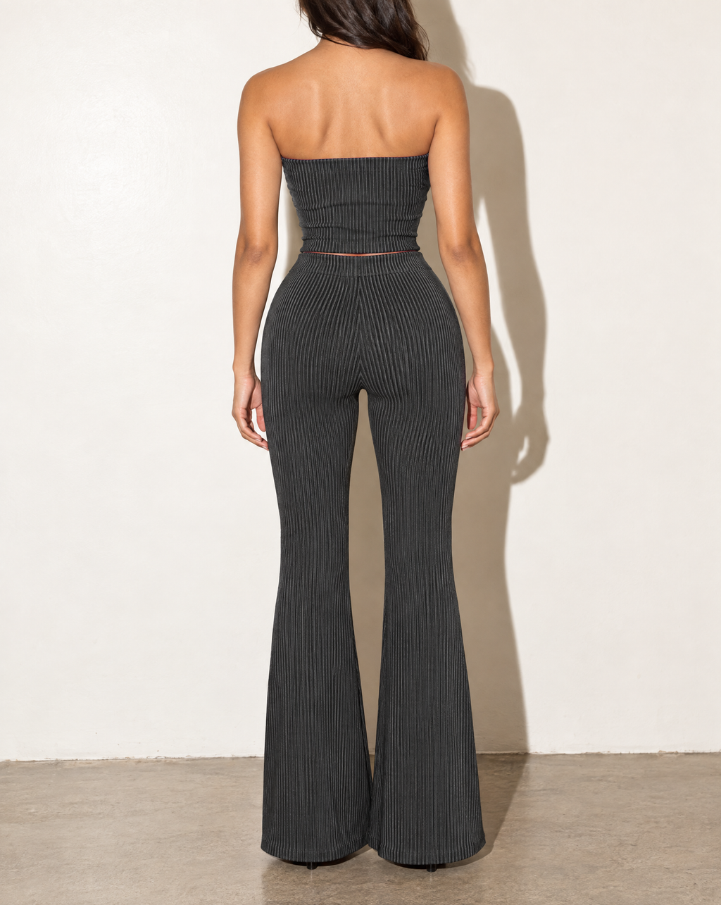 Rib Tube Top & Long Pants Set in BLACK 2 TONE — back view