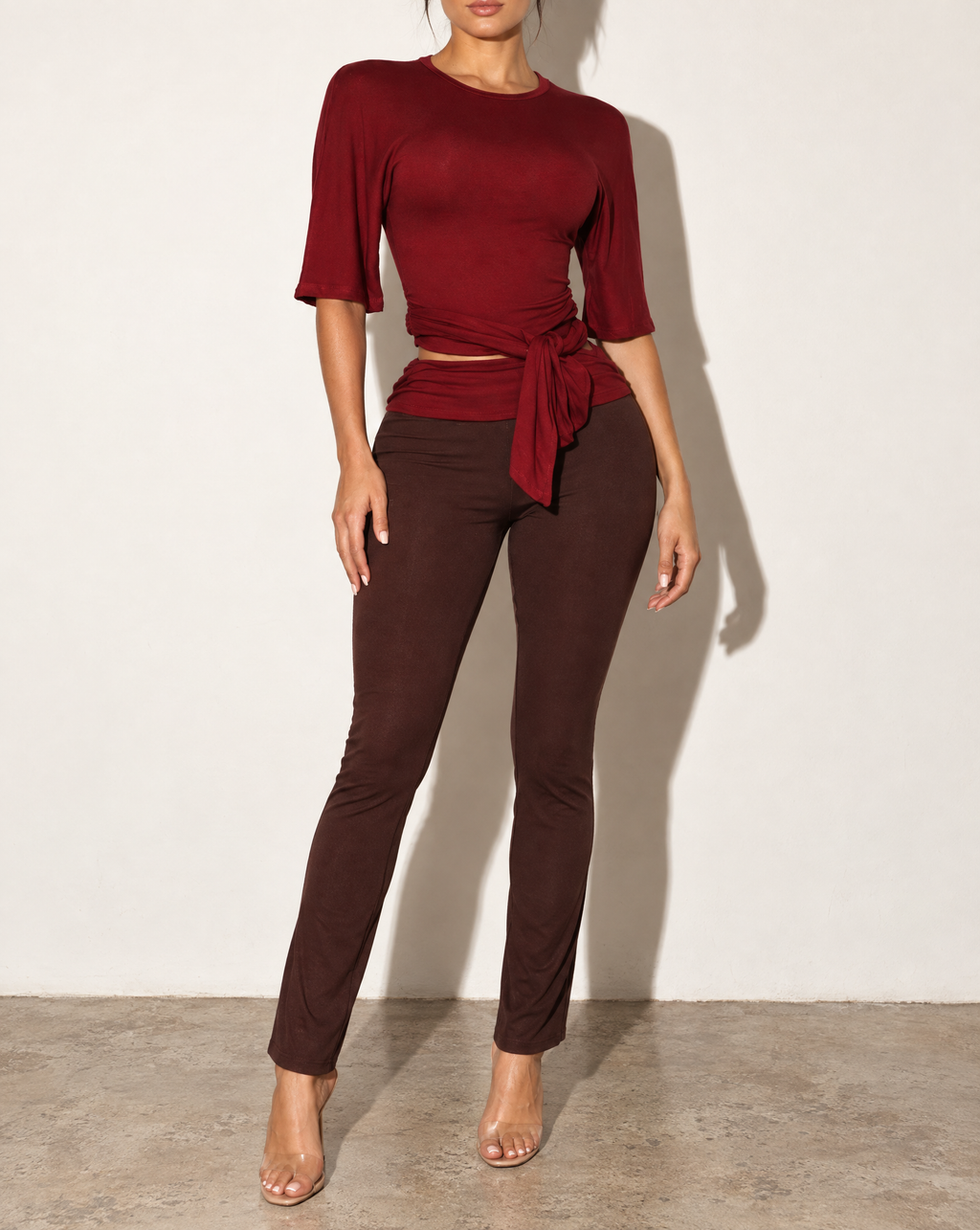Wide Short Sleeve Top & Pants Set in BURGUNDY COMBO — alternate front view