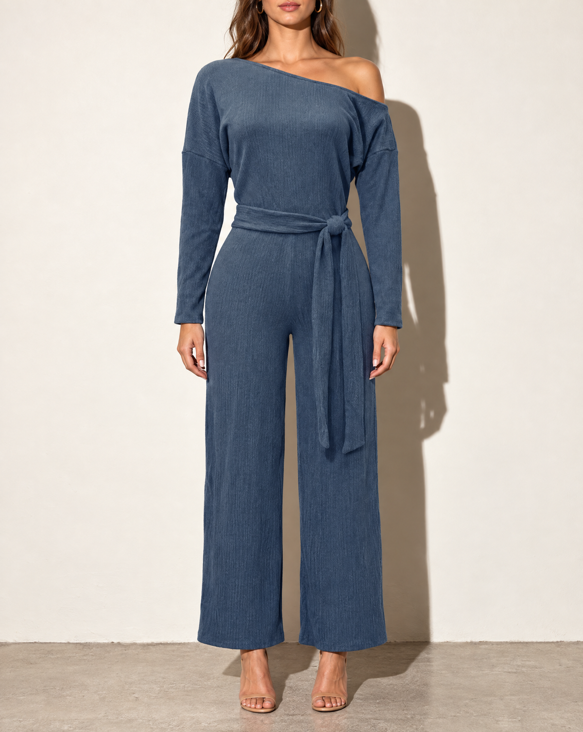 Off Shoulder Long Sleeve Top & Pants Set in DENIM — front view