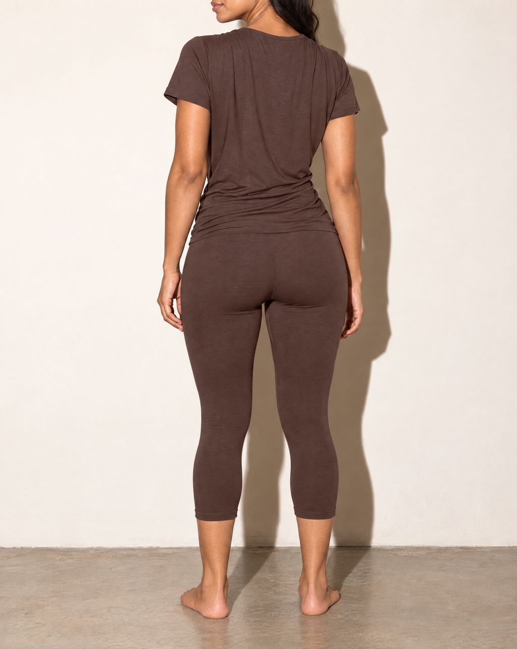 Draped Cross Front Top & Capri Leggings Set in Brown — back view