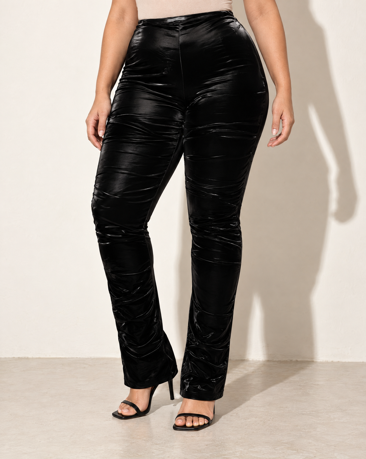 Plus Size Velvet PU Ruched Pants in Black — alternate front view