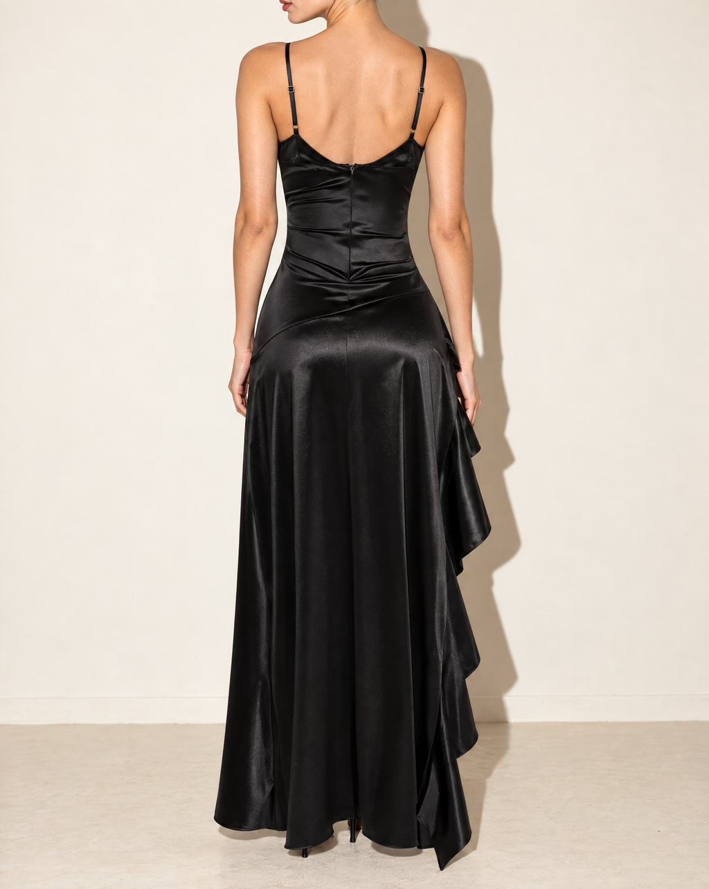 Ruffleddress Satin Maxi in Black — back view