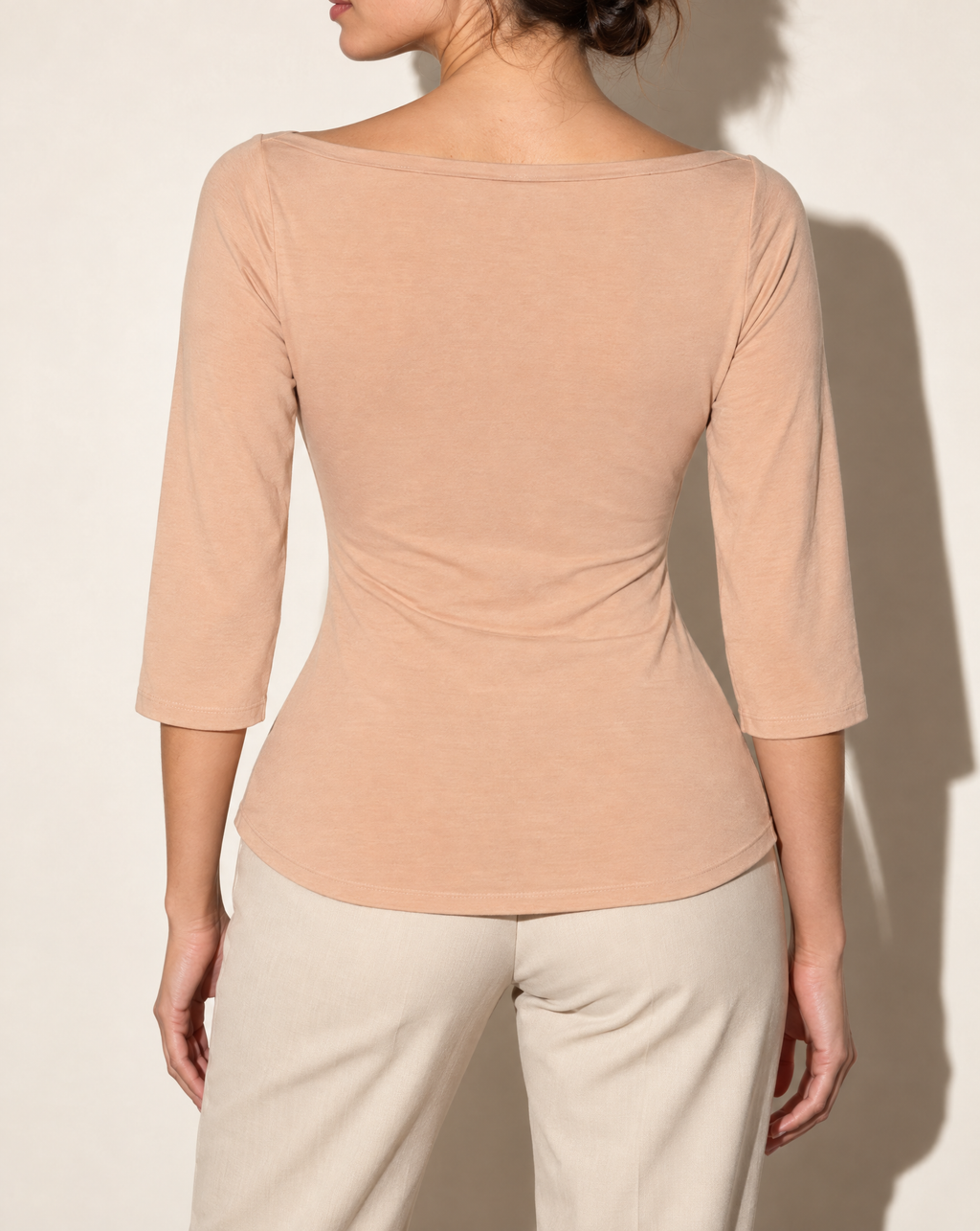 Boat Neck Three-Quarter Sleeve Top in LT MOCHA — back view