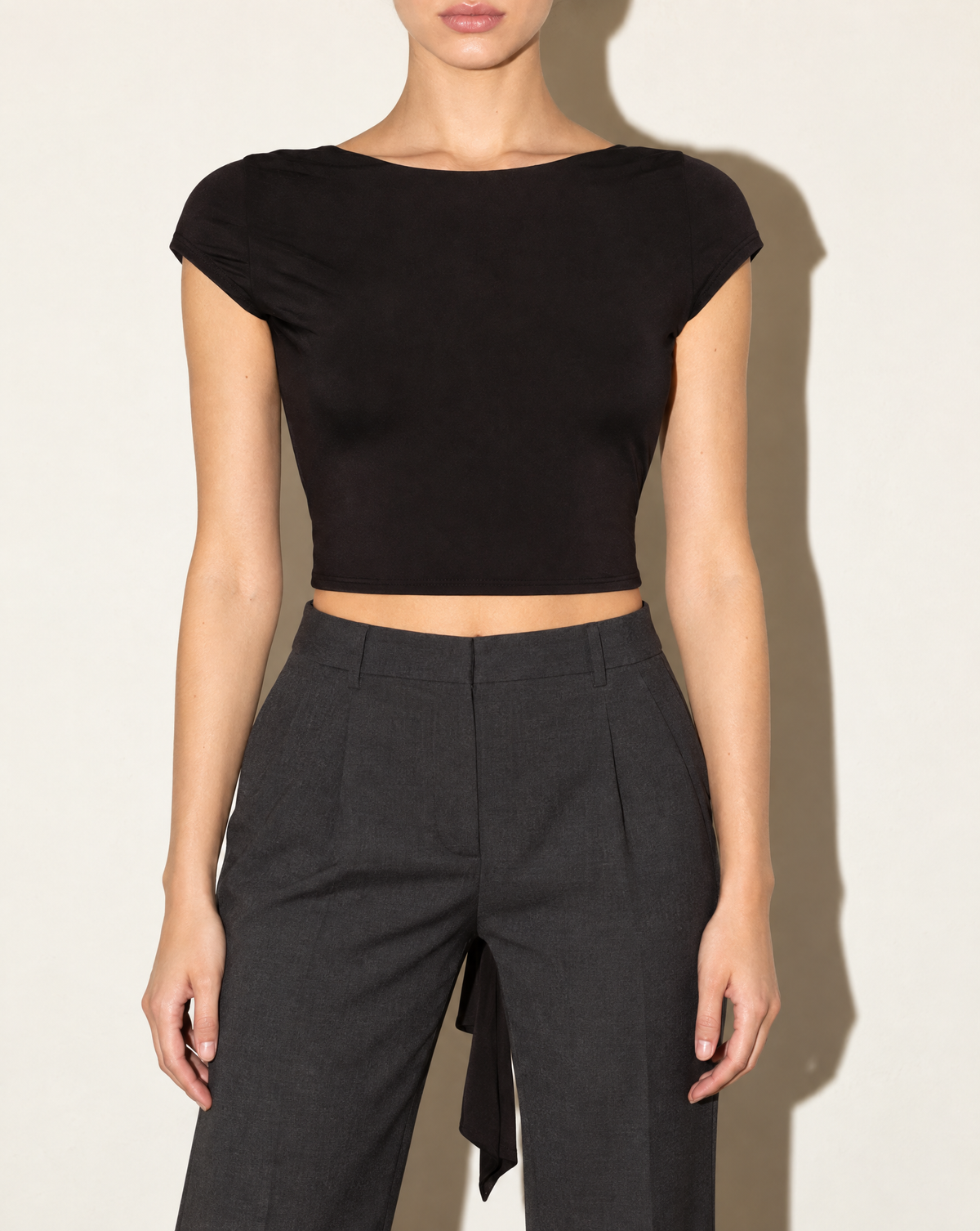 Open & Tied Back Cap Sleeve Top in Black — front view