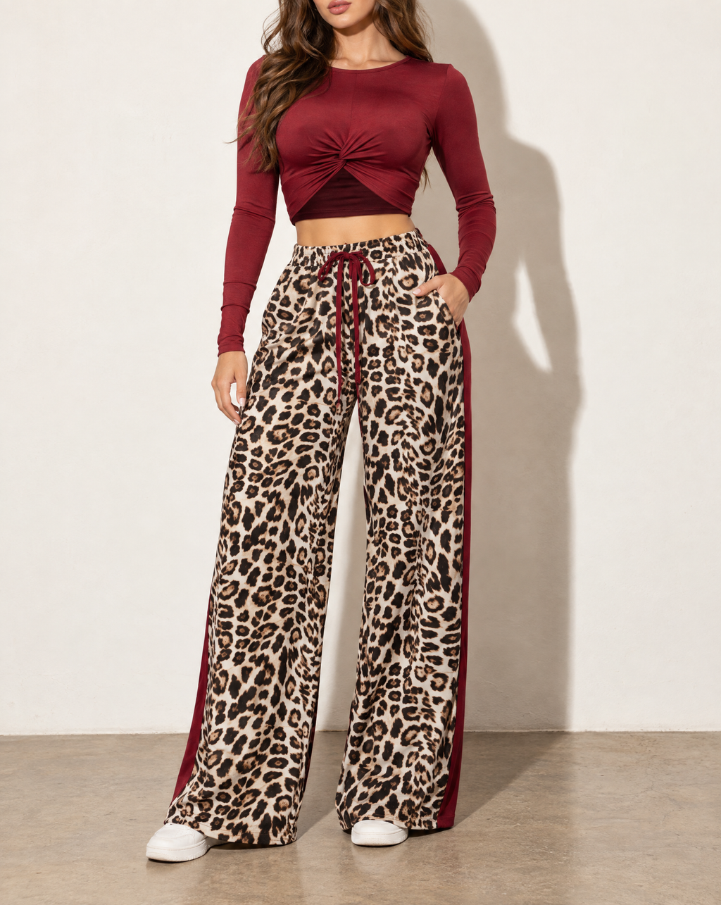 Long Sleeve Mid Top & Wide Leg Pants Set in Burgundy — alternate front view