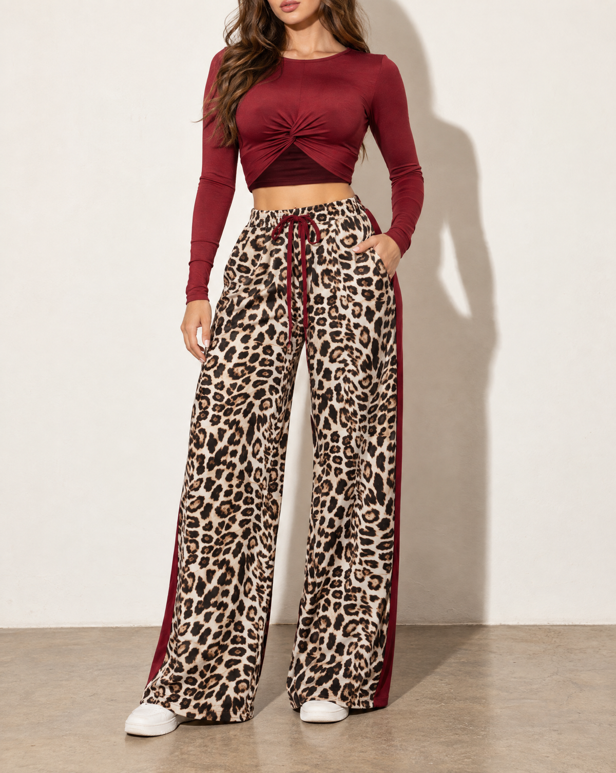 Long Sleeve Mid Top & Wide Leg Pants Set in Burgundy — alternate front view
