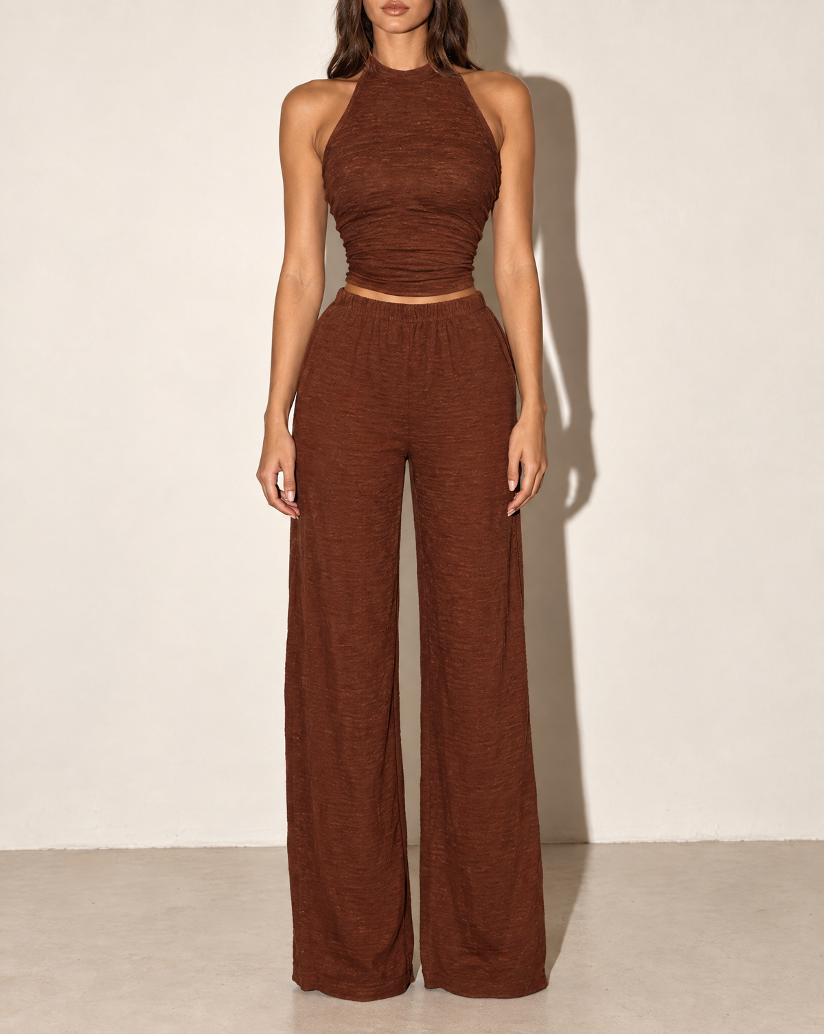 Halter Crop Top & Wide Leg Pants Set in Brown — front view