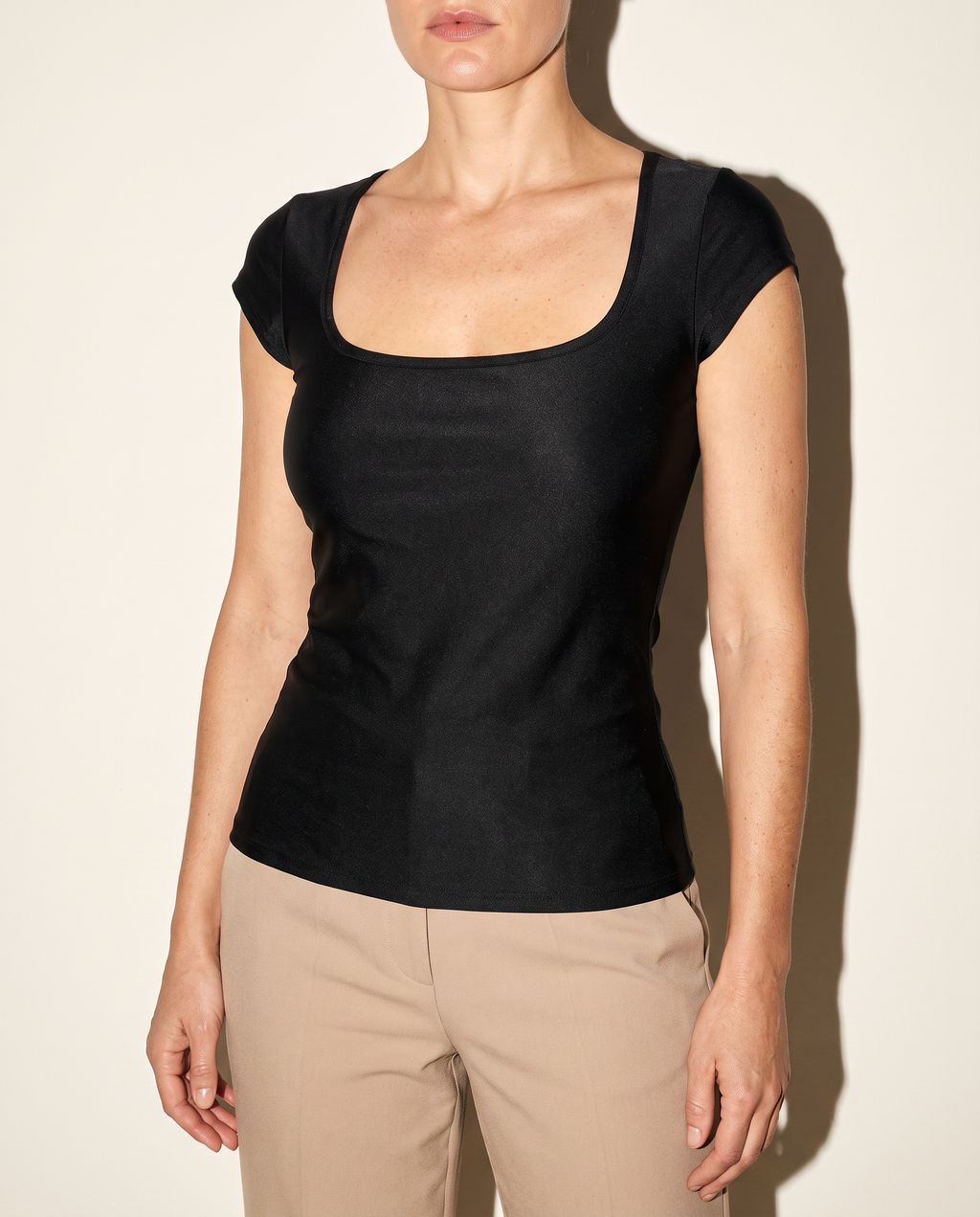 Cap Sleeves Scoop Neck Bodycon Top in Black — alternate front view
