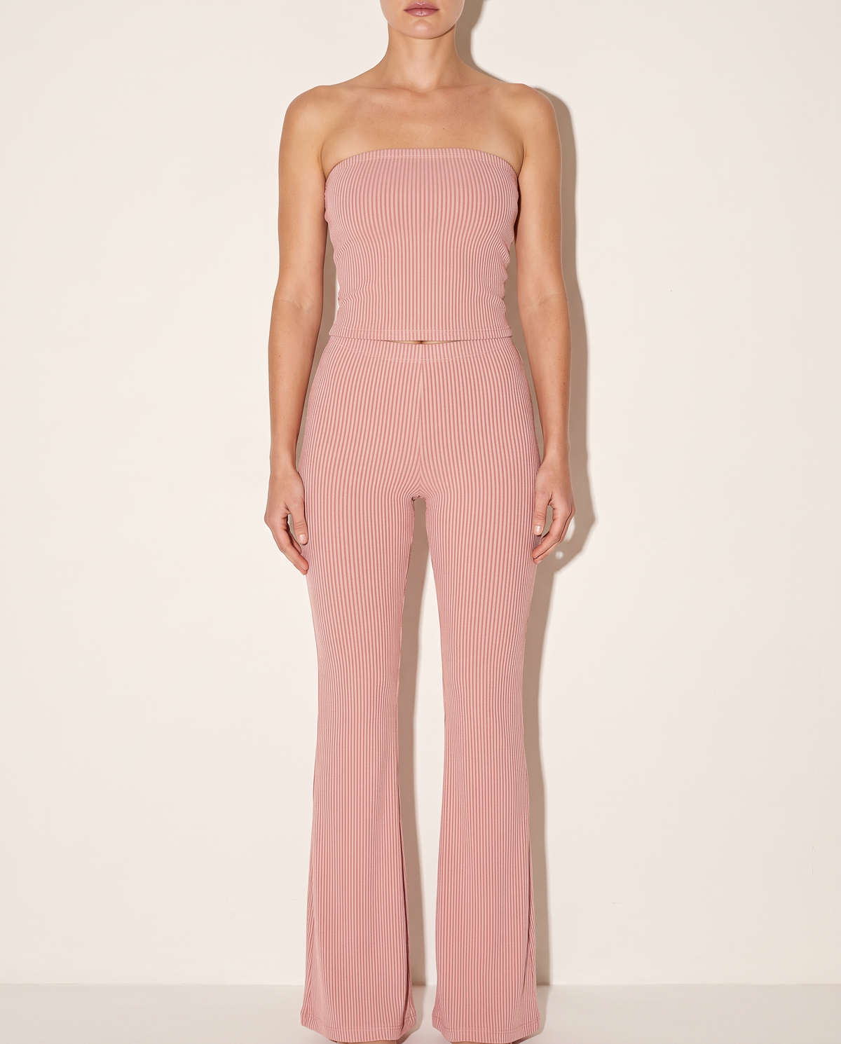 Rib Tube Top & Long Pants Set in Peach — front view