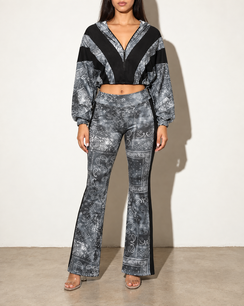 Batwing Hooded Top & Pants Set in BLACK COMBO — front view