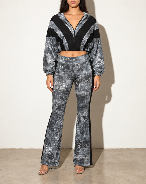 Batwing Hooded Top & Pants Set in BLACK COMBO — front view