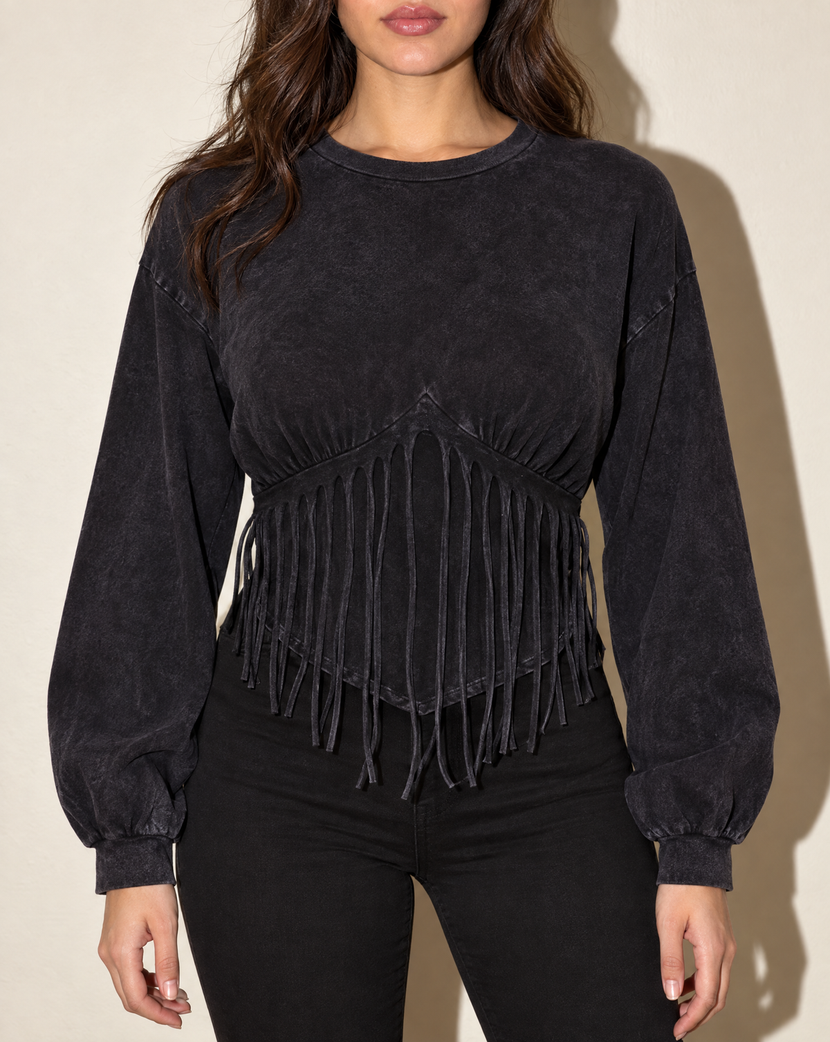 Washed Fringe Detailed Bubble Sleeve Top in DK NAVY — front view