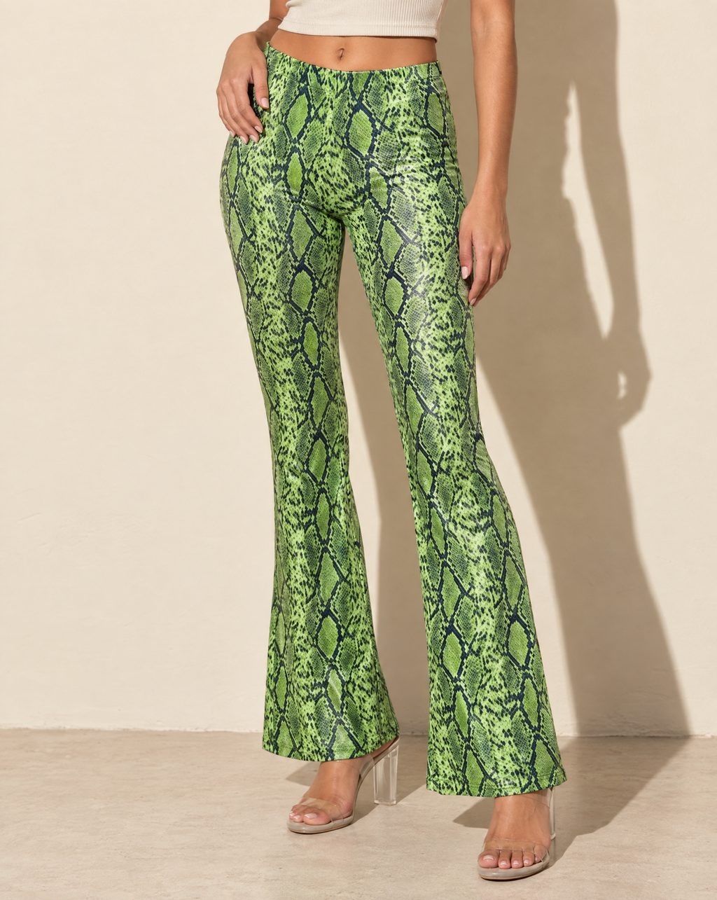 Foiled Animal Printed Slightly Flare Pants in LIME/NAVY — alternate front view